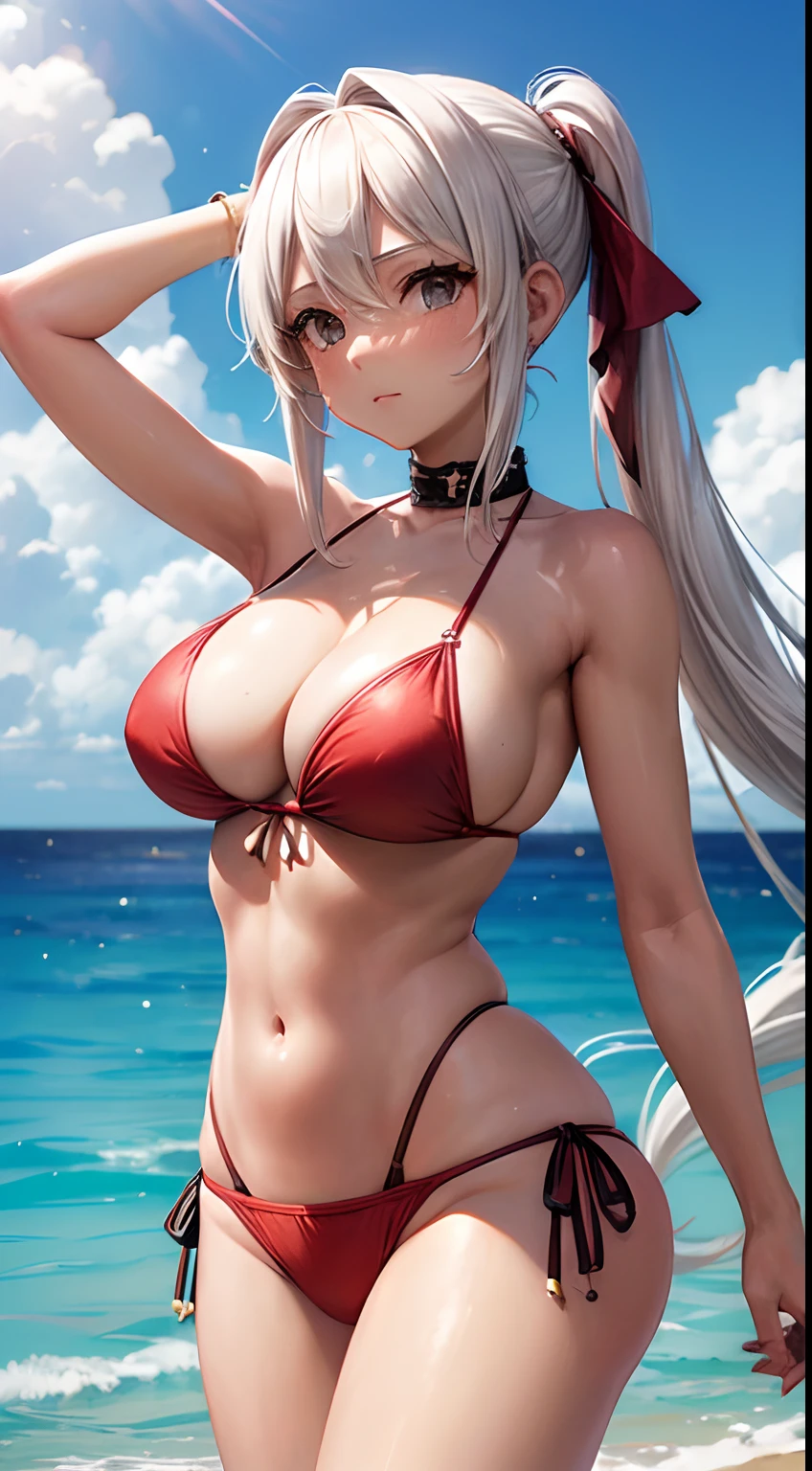 (Obra maestra,Detallado,Altas Resoluciones:1.4) ,bikini, high twintail, cana, Playa, sexy, desnudo, big boob, white hair, HDR