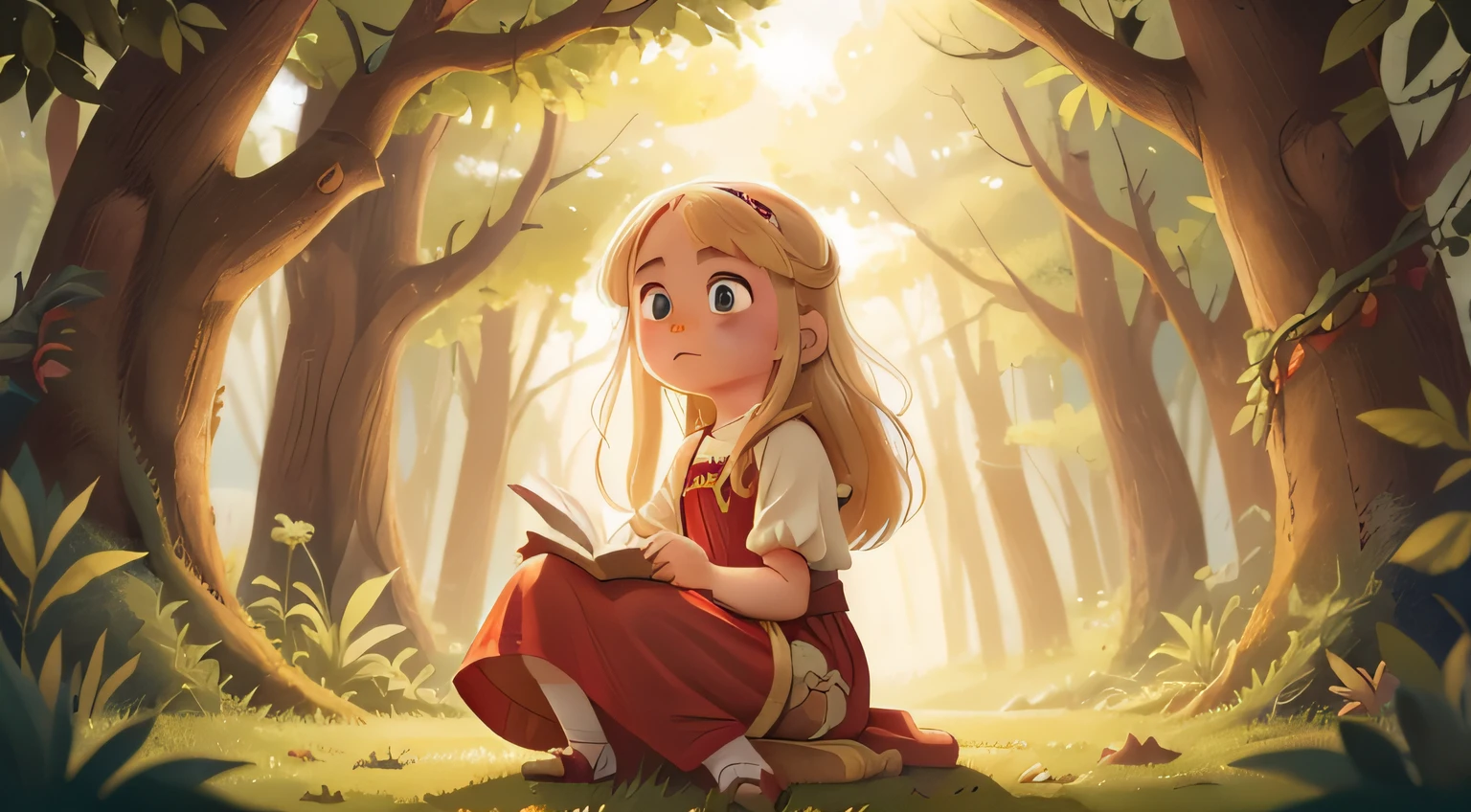 A 12-year-old girl with blonde hair and big green eyes in a red dress. Once upon a time, in a distant kingdom, there lived a little girl named Elif. Elif was always curious and brave. One day, she learned that the kingdom was in great danger. A terrible creature called a dragon was threatening the kingdom.