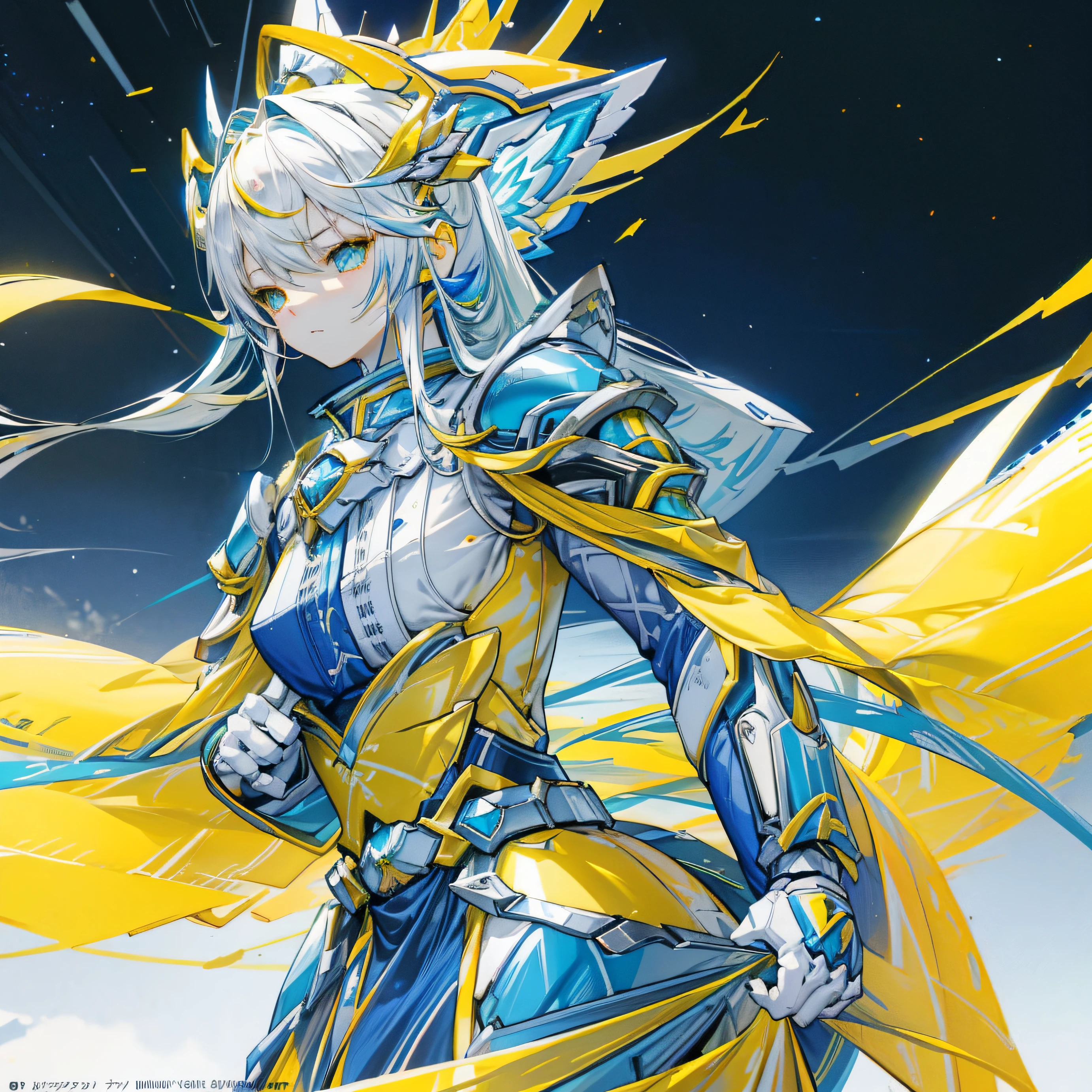 Render digital art,Extremely detailed light and shadow,Stylized digital art,超高分辨率,Extreme graphics and extreme art style,Soft lighting,The high bitrate is 4K,Extreme light tracing,The ultimate two-dimensional painting style,Side face display,exquisite and meticulous,Boutique art anime wallpaper 4k,Shot with a 120mm wide Canon Eos III Zeiss, detailed anime art,Highly extreme yellow and blue mech,Cute Shotai type boy,Extreme white hair assembly line,Ultimate yellow and blue armor,Extreme yellow-blue mech tights,Ultimate glamour eyes,Ultimate yellow and blue wings,Extreme is holding a yellow blue chasing mecha sword,The face shape is completely exposed,Expose muscle lines,The ultimate yellow and blue armour,The ultimate yellow-blue arm unique to the body,The ultimate yellow and blue mecha robotic arm armor pants,The ultimate yellow and blue dragon tail,Ultimate yellow and blue mech legs,There are also the ultimate yellow and blue mechanical shoes,Tougher than any body,The background is futuristic city style,There are also autumn maple leaves floating under the trees