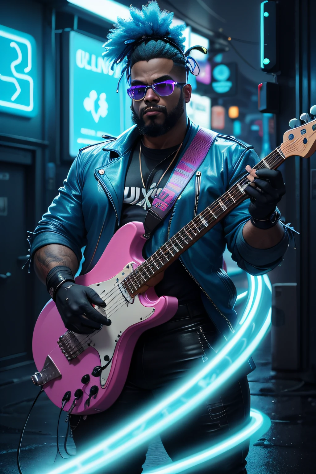 A futuristic version of Bleeding Gums Murphy from 'The Simpsons' playing a saxophone made of blue neon light on a dark, rainy street in a cyberpunk town. Ao seu redor, hologramas de notas musicais flutuam e brilham suavemente, cartoon