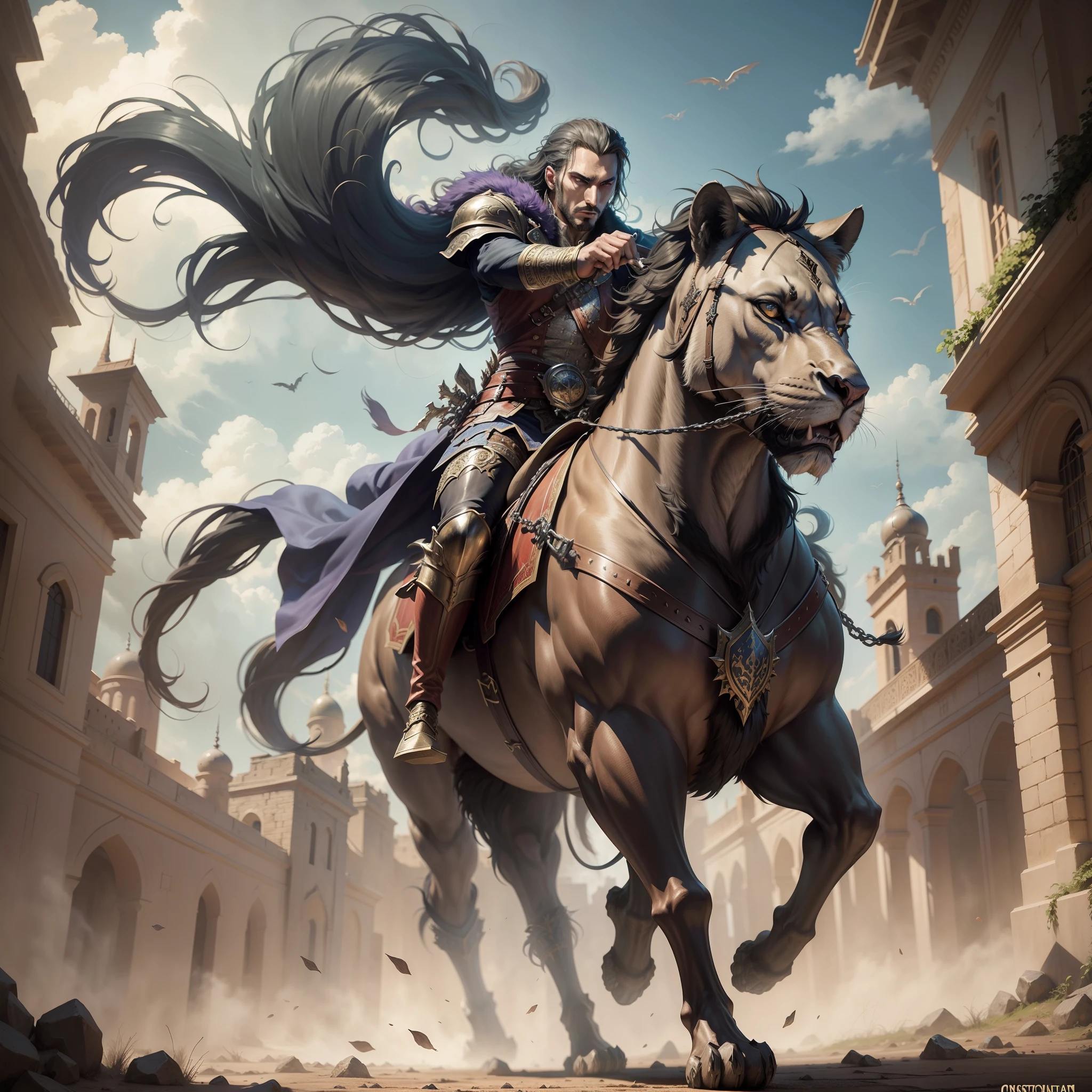 Castlevania lord of the shadows hyper realistic Super detailed Master piece moroccan warrior riding Legendary roaring lion leading army of demons 3 points perspective Super detailed faces