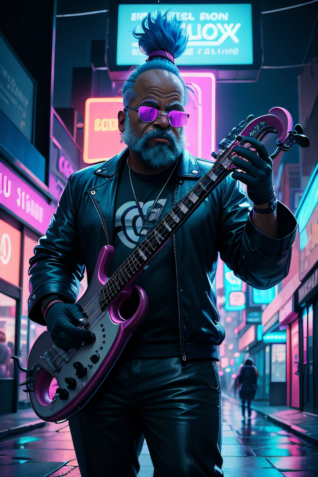 A futuristic version of Bleeding Gums Murphy from 'The Simpsons' playing a saxophone made of blue neon light on a dark, rainy street in a cyberpunk town. Ao seu redor, hologramas de notas musicais flutuam e brilham suavemente, cartoon