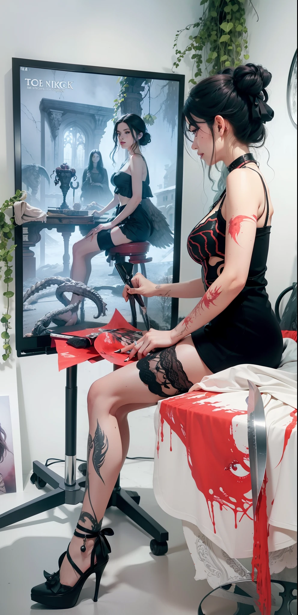 Fine matte paint,Skeleton Dark Angel,Haunted castle with large wings, Fill the drawing table with a knife,terroral,uncanny,horrid,secret terror,tentaculata,grape trees,The eye,uncanny valley effect teeth,all fours,Critters,Blood Moon,Woman's carcass,body art,Sexy beauty,8K,Blu-ray quality,Stunning graphics,hight contrast,Bright colors,