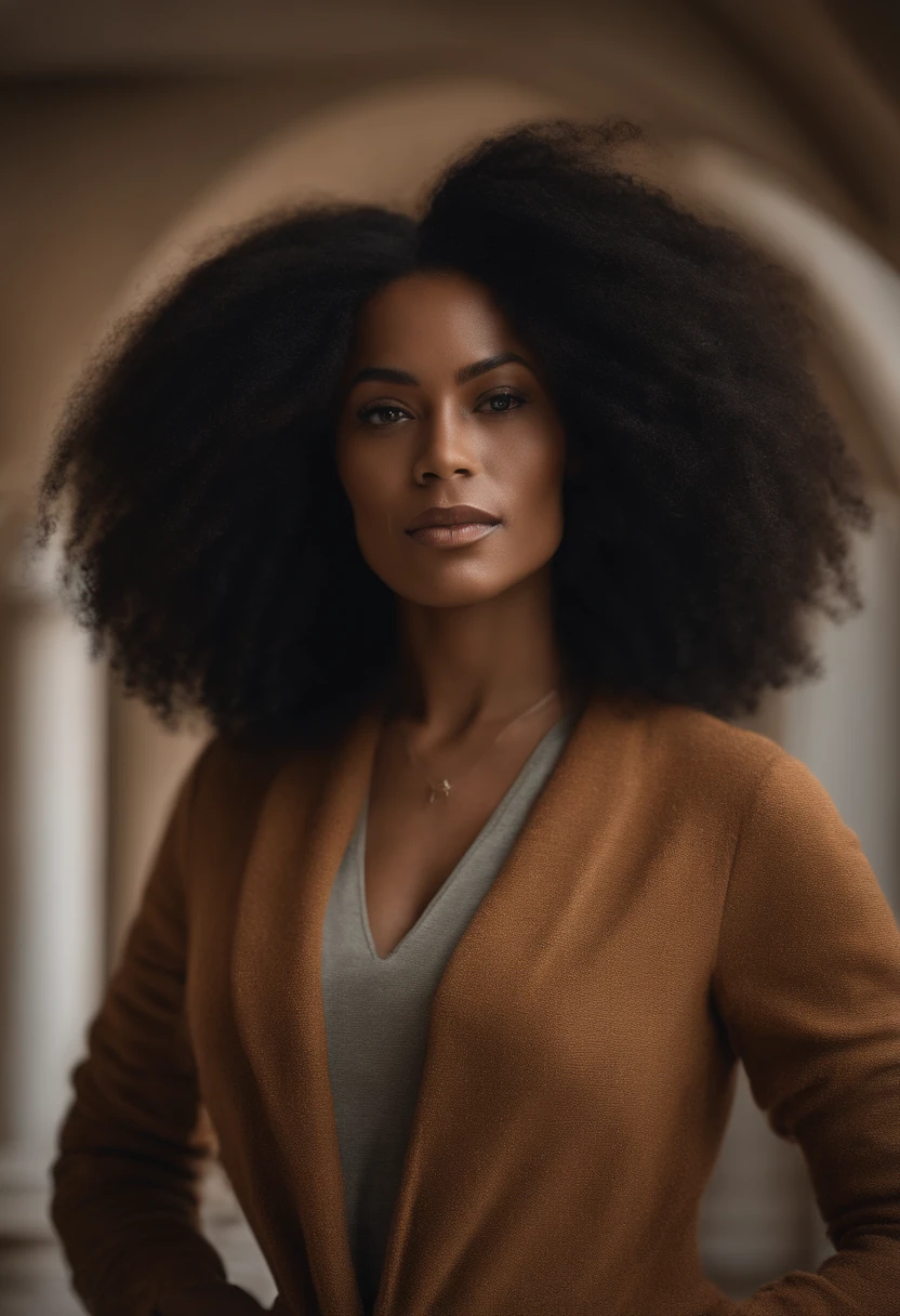 There is a woman with very large afro hair posing for a photo, afrofuturismo, afro, cabelo afro, com cabelo e pele texturizados, com afro, pele castanho-clara, Brown skin. maquiagem leve, mixed race woman, Brown skin, brilho natural difuso da pele, pardo, Realistic front pose