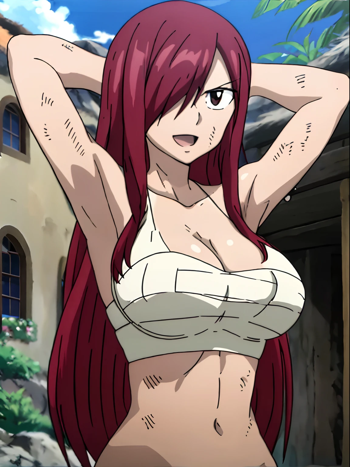 masterpiece, anime style, beach, best quality, highres, fairy tail, 1girl, long hair, reddish hair, (bang cover one eye, one hidden eye, brown eye), large breasts, collarbone, midriff, white bikini, standing, outdoors, smile, open mouth, emo hair, thick arms, broad shoulders, mature woman, (tall), wide shoulders, long belly, armpit, strong arms, ultra detailed arms