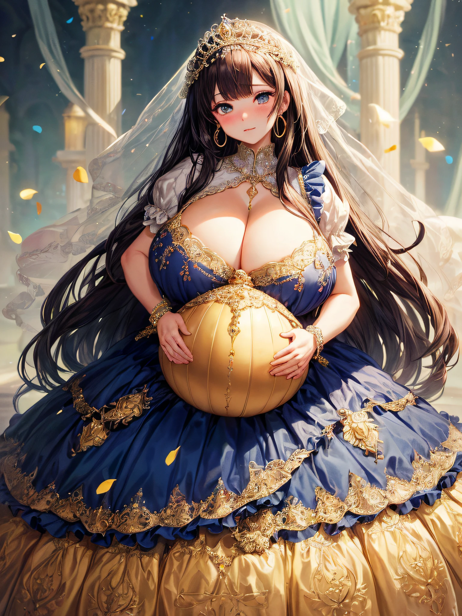 (masterpiece, best quality,extremely detailed:1.1),(moe anime art style:1.2),1girl,((full body,focus face)),((solo)), cute, kawaii,digital art,((1 bling-bling pregnant princess wearing beautiful embroidery and jeweled gorgeous rococo ballgown with jeweled voluminous full length hoop skirt)),(((heavily pregnant,very big pregnant belly))),((crinoline)),long train,voluminous frills,See-through,(gorgeous embroidery and beautiful lace),((very gigantic boobs,skindentation)),cleavage,shiny hair,(((very long straight hair,large amount of straight hair))),((embarrassed)),anguish,((finely detailed face and eyes)),clear pupil,extremely gorgeousfull hair ornament,(bling-bling jeweled extremely gorgeousfull tiara),(bling-bling gorgeous gemstone jewelry),long veil,beautiful background,fantasy background,flowers,flower petals flowing,full body,((beautiful embroidery and jeweled ruffled gorgeous rococo ballgown with voluminous full length hoop skirt))