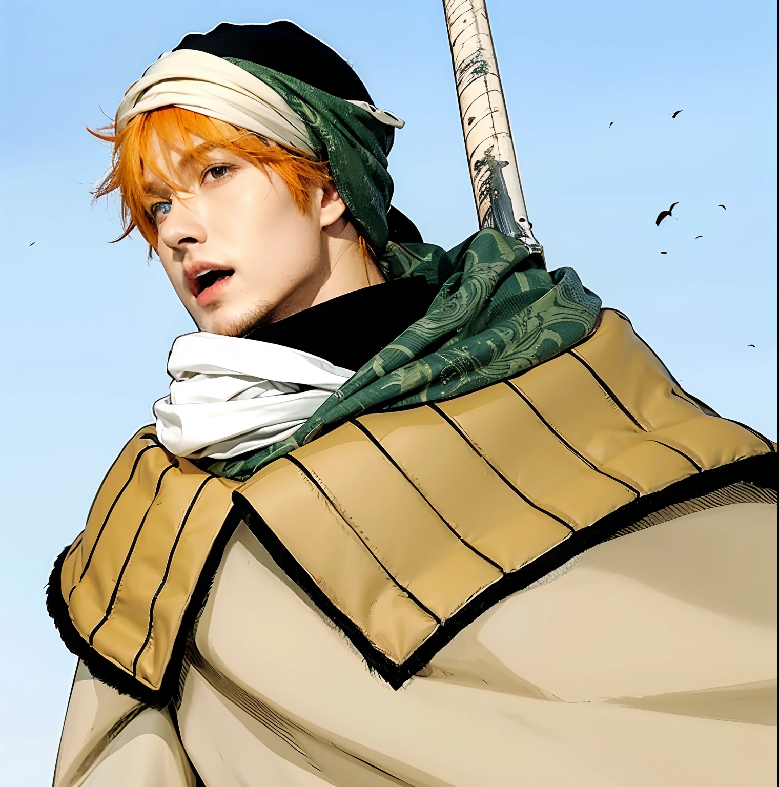 a handsome male anime character with orange hair no beard and a sword and a cape wearing a green turban on his head, close-up!!!!!, full body close-up shot, high quality, [:intricate details:1.0], realistic:1.3, ultra realistic, real life, live action, photo realistic, 4K, high resolution, photo-realistic:1.3, brown eyes, realistic clothes
