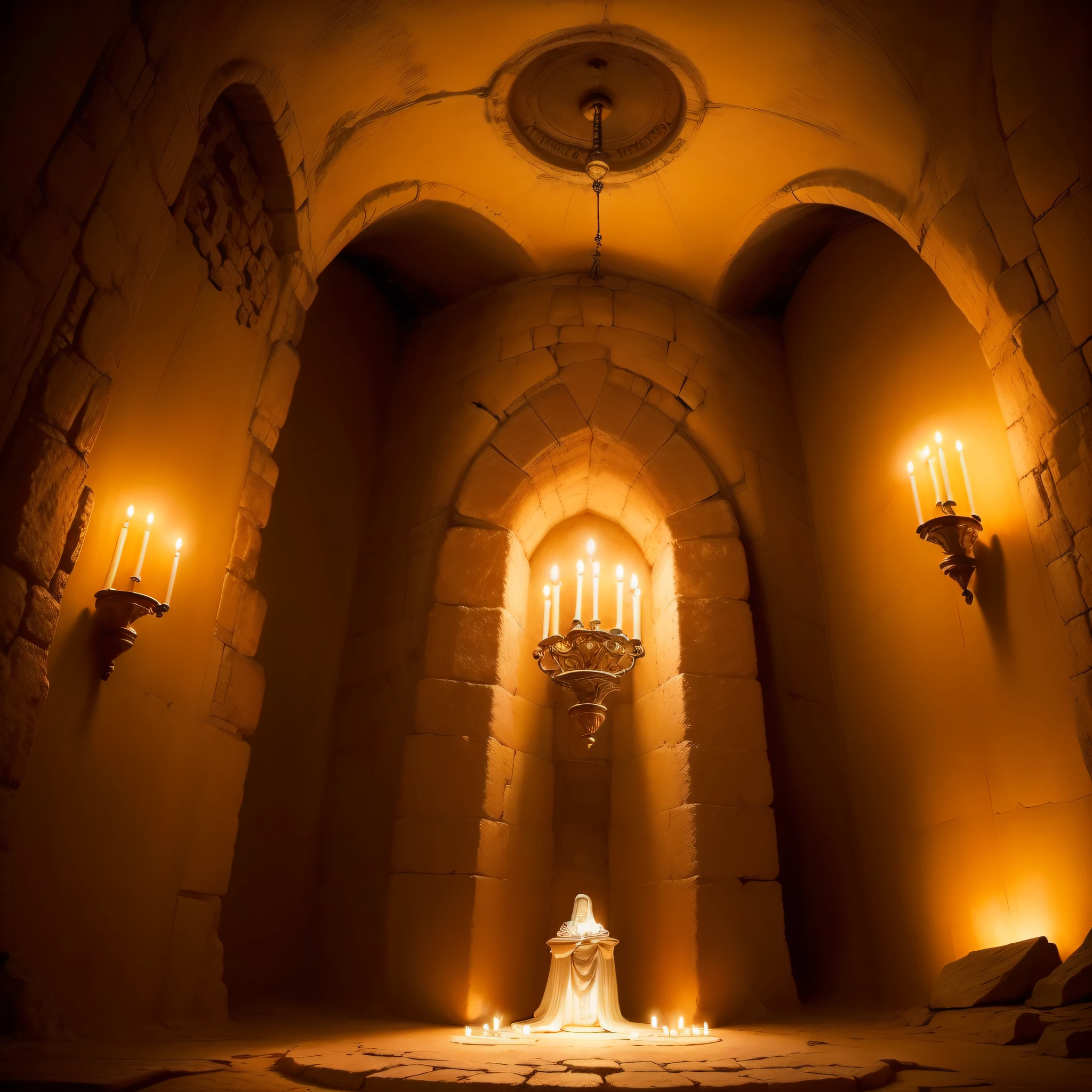 (extremadamente detallado, obra maestra, La mejor calidad, foto antigua, principios de siglo) esculturas religiosas dentre de una cueva iluminada por velas, lugar sucio, warm lights.