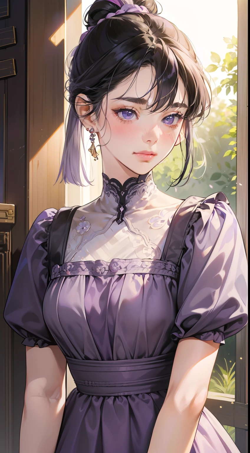 masterpiece, best quality, realistic, mature female, cute, 15 years old, closed mouth, portrait, extremely detailed face, soft smile, (dark purple eyes), ((with single black hair bun), ((front bangs hair)), [thin eyebrows], ((light violet dress)), no makeup, light smile, ear blush, light blush, short eyelashes, 4k, palace