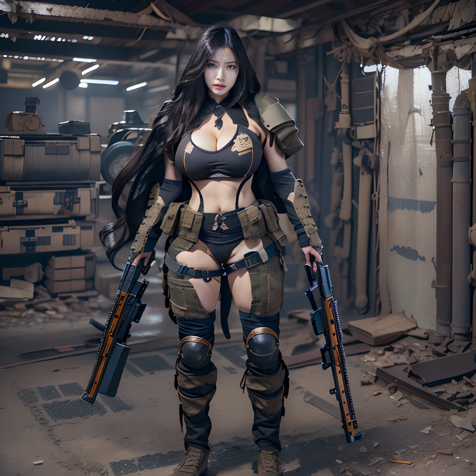 There was a woman in military uniform with two guns, mechanized soldier girl, cyberpunk angry gorgeous goddess, in a post apocalyptic setting, wearing techwear and armor, Cyberpunk 2 0 y. o model girl, Bikini + tattered military gear, female cyberpunk anime girl, beautiful cyberpunk woman model, by Yang J, as an overwatch character, Cyberpunk girl