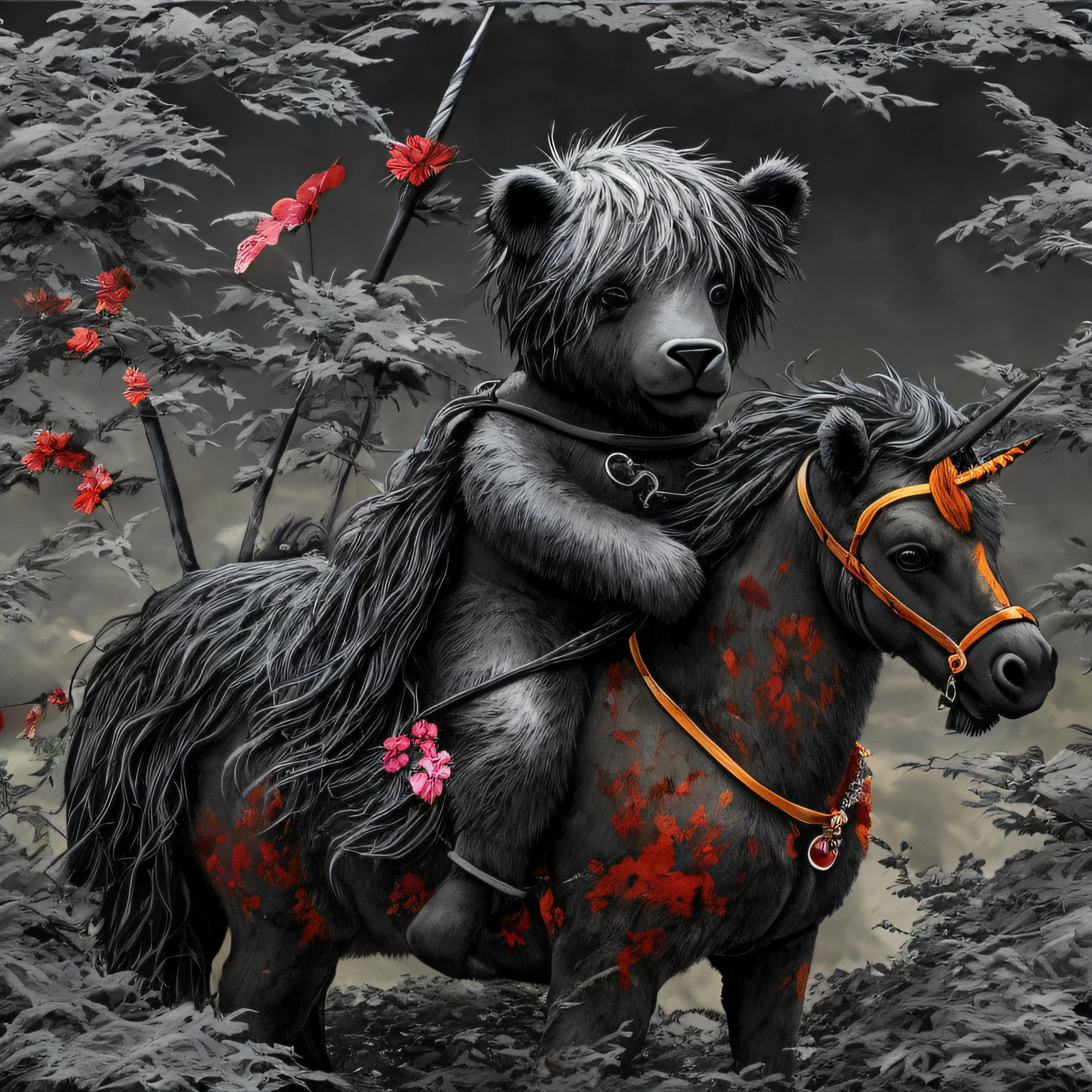 Undead teddy bear riding on a black unicorn, Dark palette and flexographic ink, Dark paradise landscape background, ter uma espada ornamento, Light black and red reversible cover, fluid-metal-lobe, cabelo de bob em camadas, cabelo cinza, atmosfera de fantasia sombria, Cinematic lighting, intrincada textura de fantasia escura, extremely high quality, high resolution, 8k, Pintura detalhada e fina, topaz,Diamante, rubi, Valente e ousado,