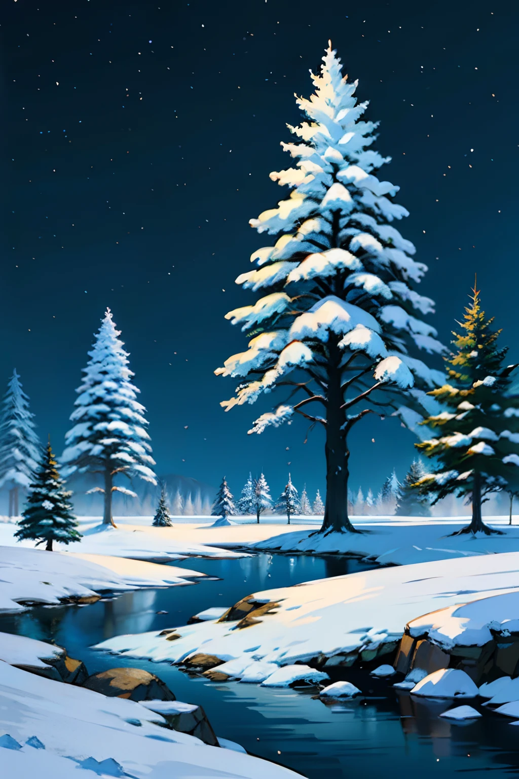 A painting of a winter landscape with a very small tree covered in snow, night time light, dark sky.