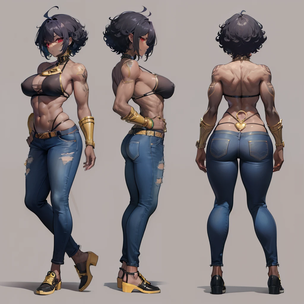 (((masterpiece))), (((best quality))), ((8k)), ((ultra-datailed)), (dark skin human woman :1.3), (big covered breasts 1.3), (full body, same character, front, side, back :1.4), (black afro hair 1.3), (tatto on body :1.2), (piercing on nipples), (using short clothes, jeans jacktet, showing belly button), red eyes, distracted, (muscular 1.1), (gold accessory 1.2), six pack abs, three views, front view, back view, side view