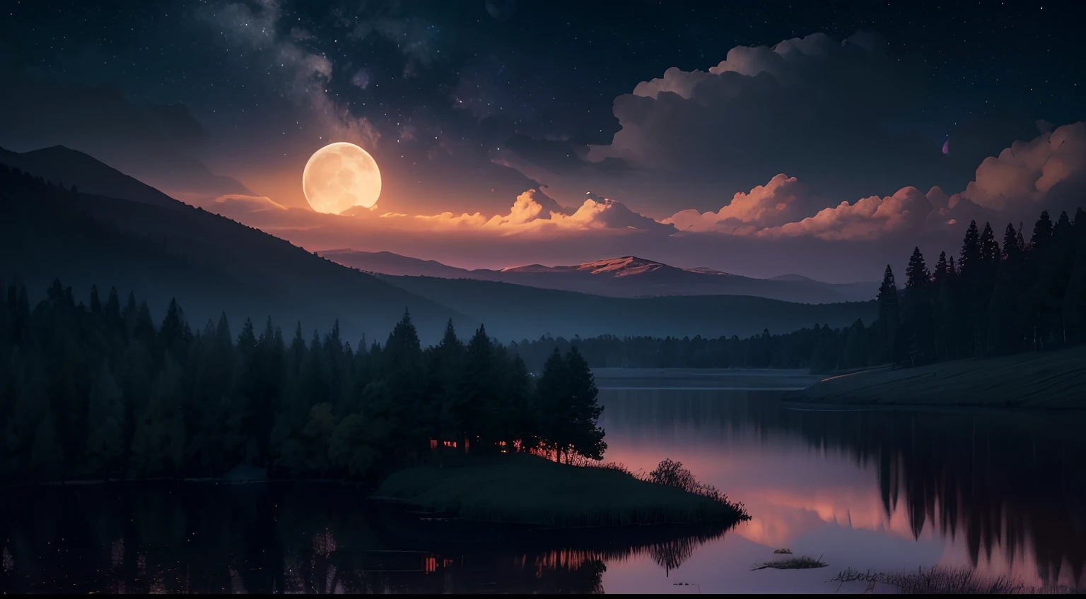 (best quality,4k,8k,highres,masterpiece:1.2),ultra-detailed,(realistic,photorealistic,photo-realistic:1.37),night,dark,orange sky,clouds,stars,big moon,illustration,textured,moody,horizon line silhouette,landscape,reflections,deep shadows,mysterious atmosphere,majestic,ethereal,nighttime,enchanted,soft glow,melancholic,magical,calm,tranquil,serene,quiet,stillness,peaceful,mystical,nightfall,moonlit,shadows and highlights,contrasting colors,luminous,glowing clouds,tranquil beauty