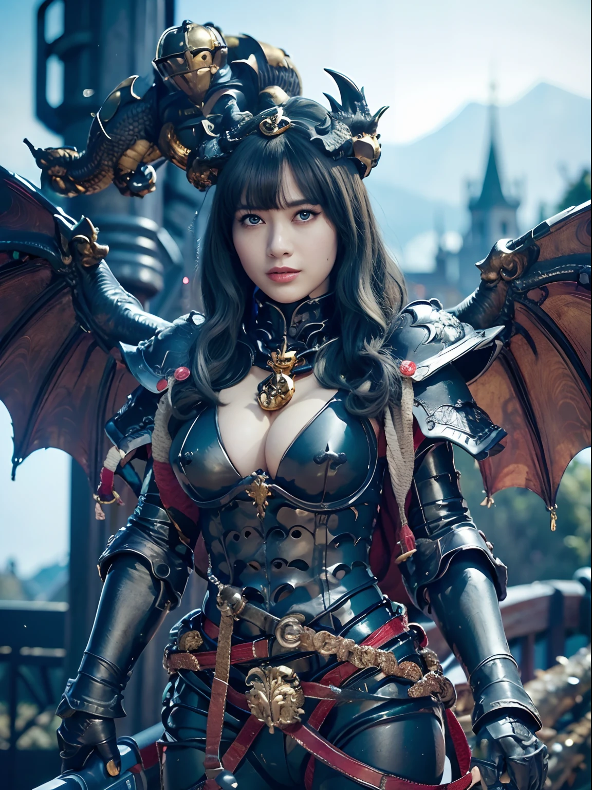 Professional , ​masterpiece、top-quality、photos realistic , depth of fields 、（Dragon Black Metal Body:1.９),(Matte Blue Black、(Night World)、（cleavage of the breast）、Dragon Gold Weapon、（Micro Bikini Armor:1.４),Gorgeous gold weapons ,（Fight dragons）、Seductive look、（（ Dragon's dense and gorgeous sword）） , （demonic wings）   ,Detail and gorgeous crown、（（a blond））、（Castle background）、（（Gangle's forest background））、Beautiful Caucasian beauty、１a person、dynamic ungle,(((Detailed and ornate dragon helmet)))、Smaller head、A smile、Castle background、Thin and beautiful female hands、cleavage of the breast、Soldier in iron armor on background、Mystical expression、Light Effects、intense fighting、Wind-effect、magic circles、With the legendary magic wand、Dragon's tail、Toostock、Toostock、