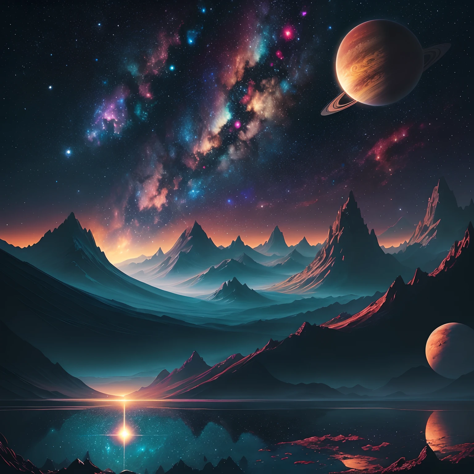 painting of a landscape with a mountain, lake, and planets, utopian galaxy, cosmic landscape, greg beeple, painting of a dreamscape, science fantasy painting, rob mcnaughton, galactic landscape, psychonaut universe, detailed dreamscape, fantasy space, view of the cosmos, science fiction painting, surreal space, fantasy artrealistic painting --auto --s2