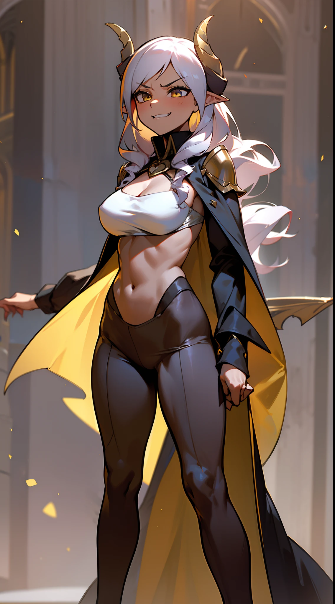 girl,tall,brown skin, hidden arms,long hair, white hair,curly hair, detailed pretty eyes, yellow eyes,(((villain, psycho,villain smile,psychopath,angry))), medium boobs, mid waist,show abdomen, medium thighs, gold armor outfit, long black stockings, detailed clothes, masterpiece, hyper realistic, high definition,black horns,black pantyhose,elves ears,yellow scarf,cape,(((standing inside of a castle)))