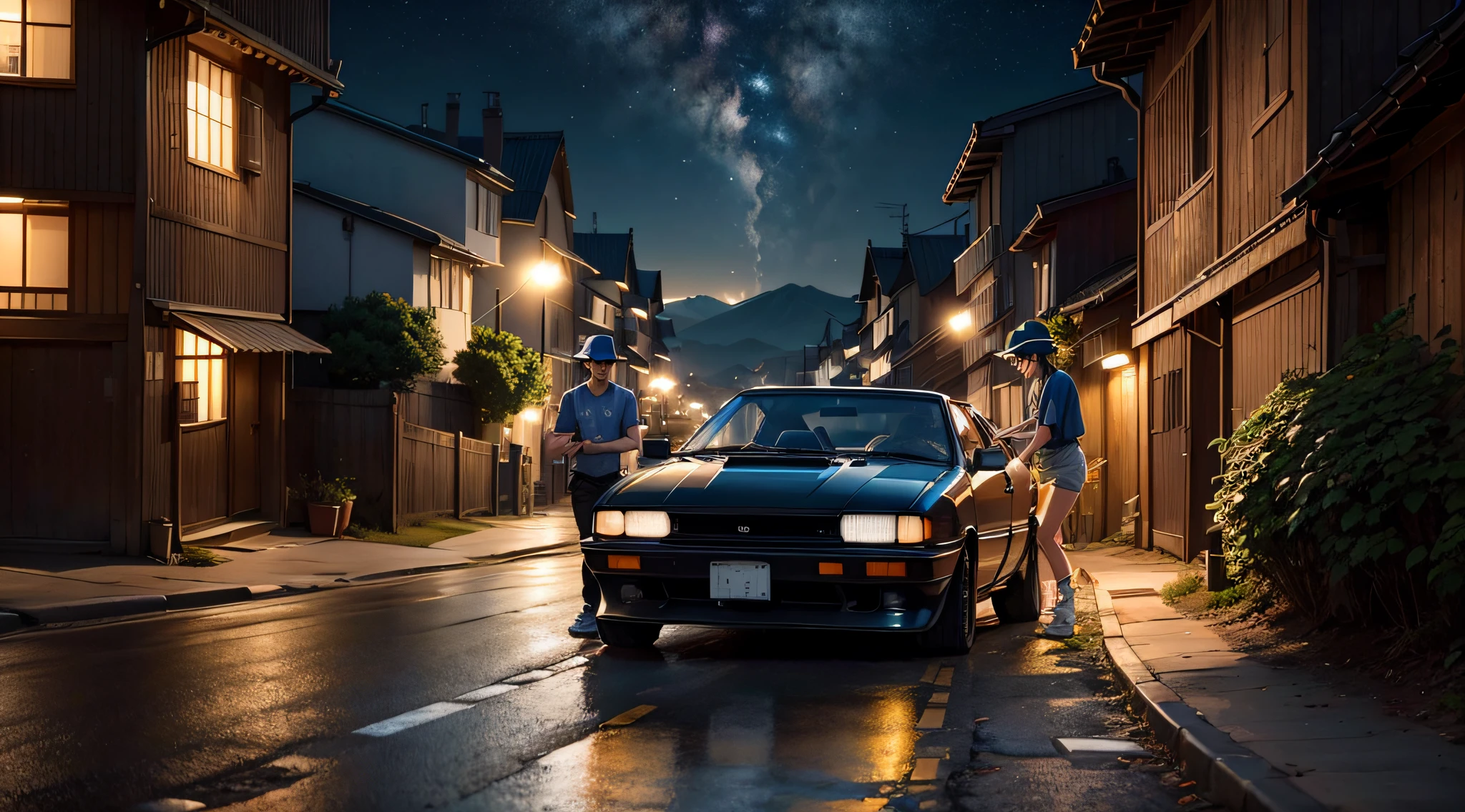 "I want to create an image of exceptional quality inspired by the Trueno AE86 from the Initial D series, mais en mettant l'accent sur le personnage principal. This character must be meticulously designed, avec une apparence jeune et dynamique. Her short hair should be perfectly textured, avec des reflets naturels, and their color must match the aesthetics of the anime. He wears a green t-shirt of a fabric that seems almost palpable thanks to the precision of the details., ainsi qu'un pantalon bleu, carefully pleated and matching her shirt. Its dark blue cap is adorned with a clearly recognizable logo.
The quality of this character must be of exceptional fidelity, with realistic expression and finely crafted details.
The action takes place in Japan, sur une route de montagne ou en campagne. The quality of the landscape must be impressive, with realistic textures for the road, surrounding vegetation and potential buildings. The scene takes place in the late evening, under a starry sky, where each star is clearly defined and twinkling. Street lights and car headlights should project a realistic and warm light.
The resulting image should highlight all the details of the character, de la voiture et de l'environnement, with exceptional clarity and fidelity, en se concentrant uniquement sur le personnage principal." --auto