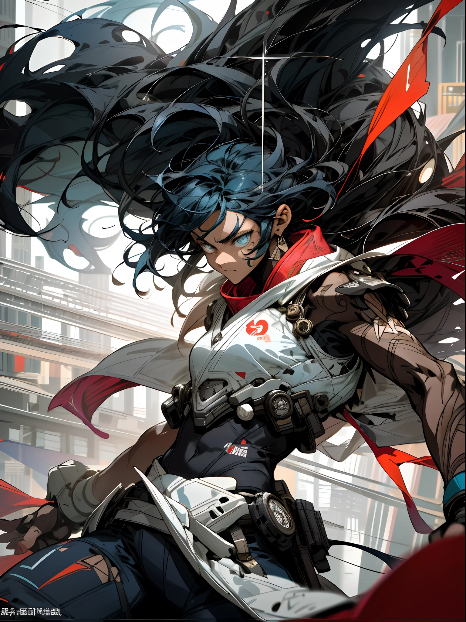 Background, mixed-language_text, Japanese graffiti letters, Warrior with long black hair, Falling down the back. His eyes have a deep shade of amber, that shine with intensity, When he's in battle. She has an athletic and slim appearance, with a confident and decisive posture. Her skin has a slight tanned tint, proof of her strength and endurance, photo, Sticker art, freedom, showering, digital illustration art, comic style, centered, approaching perfection, dynamic, Highly detailed, aquarelle painting, Artstation, Concept art, Smooth, sharp-focus, illustartion, Artists Carne Griffiths and ,Anime alone, centered, approaching perfection, Drawing Style Illustrator, Anime style, body with futuristic design in the style of a tribal tattoo in the shape of a dragon,  Serious face and ultra-detailed graphics, Shattered graffiti-style cityscapes with camera focus,