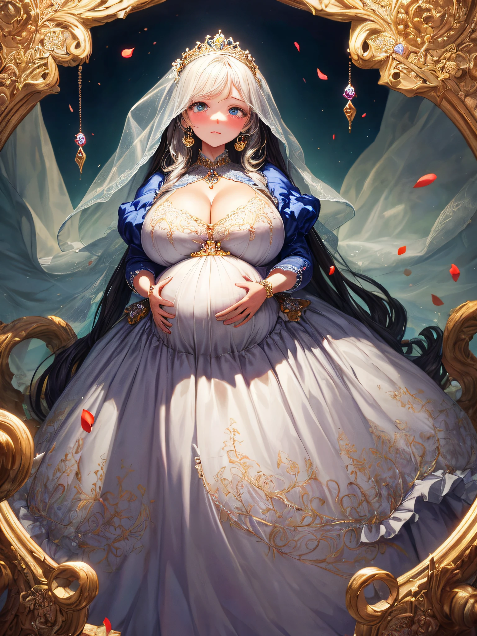 (masterpiece, best quality,extremely detailed:1.1),(moe anime art style:1.2),1girl,((full body,focus face)),((solo)), cute, kawaii,digital art,((1 bling-bling pregnant princess wearing beautiful embroidery and jeweled gorgeous rococo ballgown with jeweled voluminous full length hoop skirt)),(((heavily pregnant))),very big pregnant belly,((crinoline)),long train,voluminous frills,See-through,(gorgeous embroidery and beautiful lace),((very gigantic boobs,skindentation)),cleavage,shiny hair,(((very long straight hair,large amount of straight hair))),((embarrassed)),anguish,((finely detailed face and eyes)),clear pupil,extremely gorgeousfull hair ornament,(bling-bling jeweled extremely gorgeousfull tiara),(bling-bling gorgeous gemstone jewelry),long veil,beautiful background,fantasy background,flowers,flower petals flowing,full body,((beautiful embroidery and jeweled ruffled gorgeous rococo ballgown with voluminous full length hoop skirt))