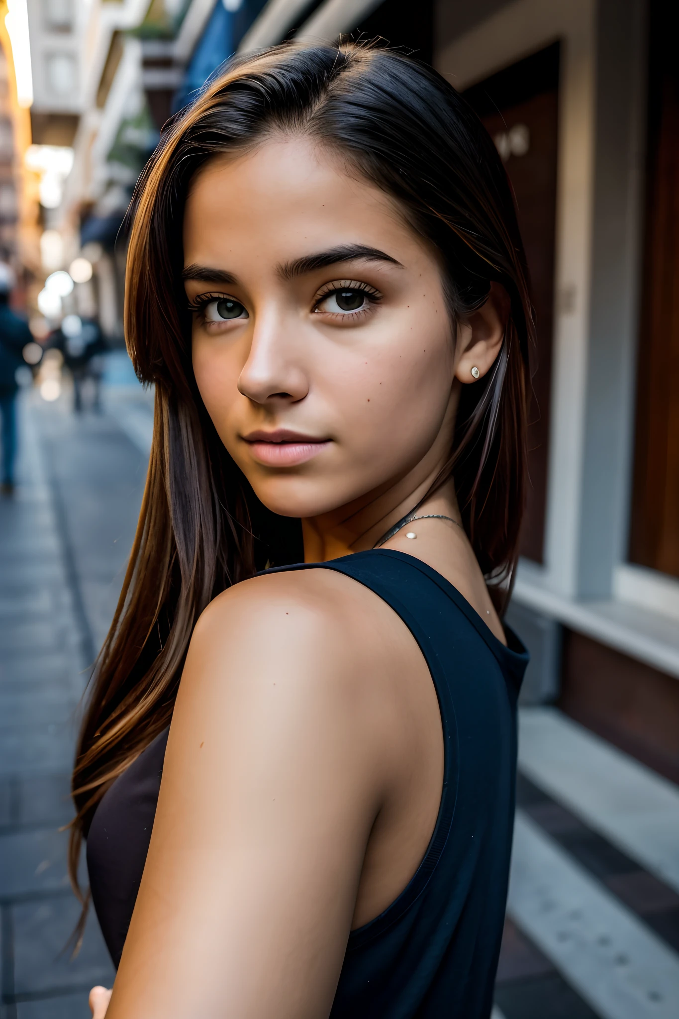 Foto RAW en secuencia, A photo of a 17-year-old teenage girl, (selfie de la parte superior del cuerpo, foto para instagram, foto tomada con el brazo extendido), la modelo esta lanzando un beso al espectador, rostro detallado, mirada sexy, vestimenta ligera, ambiente de fondo una calle en San Francisco CA, tomas de fondo detalladas y ligeramente desenfocadas, luces naturales, HDR, foto profesional, ultrarealista, visible para el espectador, apariencia sexy, fotorrealista, linda, piel natural, 8k UHD, alta calidad, Film grain, Fujifilm XT3