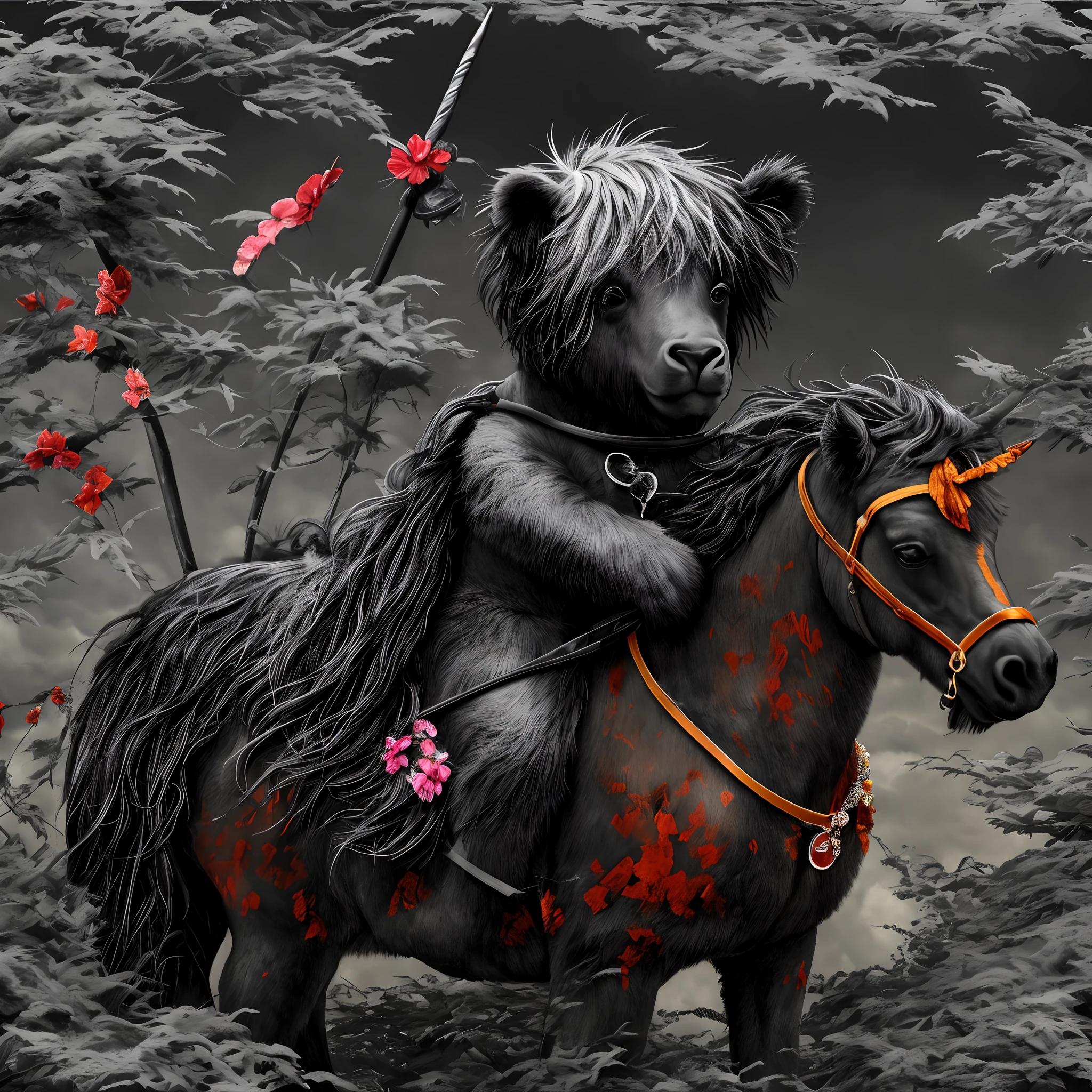 Undead teddy bear mounted on a black horse, Dark palette and flexographic ink, Dark paradise landscape background, ter uma espada ornamento, Light black and red reversible cover, fluid-metal-lobe, em camadas, cabelo cinza, atmosfera de fantasia sombria, Cinematic lighting, intrincada textura de fantasia escura, extremely high quality, high resolution, 8k, Pintura detalhada e fina, topaz,diamante, , Valente e ousado,