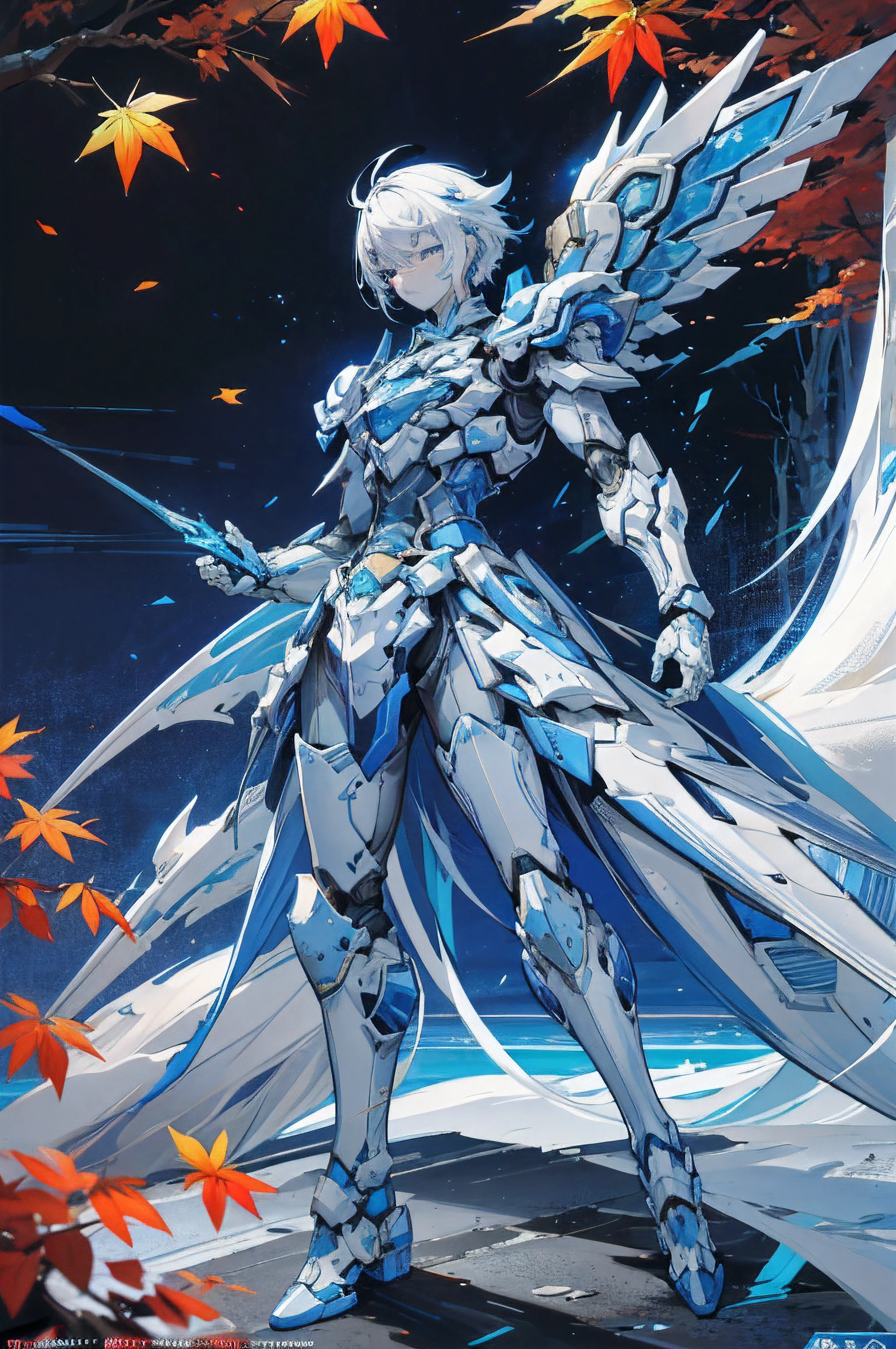 Render digital art, Stylized digital art,超高分辨率,Extreme graphics and extreme art style,The high bitrate is 4K,Extreme light tracing,The ultimate two-dimensional painting style,Side face display,exquisite and meticulous,Boutique art anime wallpaper 4k,Shot with a 120mm wide Canon Eos III Zeiss, detailed anime art,Highly extreme blue and white mech,Cute Shotai type boy,Extreme white hair assembly line,The ultimate blue and white armor,Extreme blue and white mech tights,Ultimate glamour eyes,Ultimate blue and white wings,Extreme is holding a blue-white light chasing mecha sword,The face shape is completely exposed,Expose muscle lines,The ultimate blue and white armour,The ultimate blue and white arms unique to the body,The ultimate blue and white mecha robotic arm armor pants,The ultimate blue and white dragon tail,Ultimate blue and white mech legs,There are also the ultimate blue and white mechanical shoes,Tougher than any body,The background is futuristic city style,There are also autumn maple leaves floating under the trees