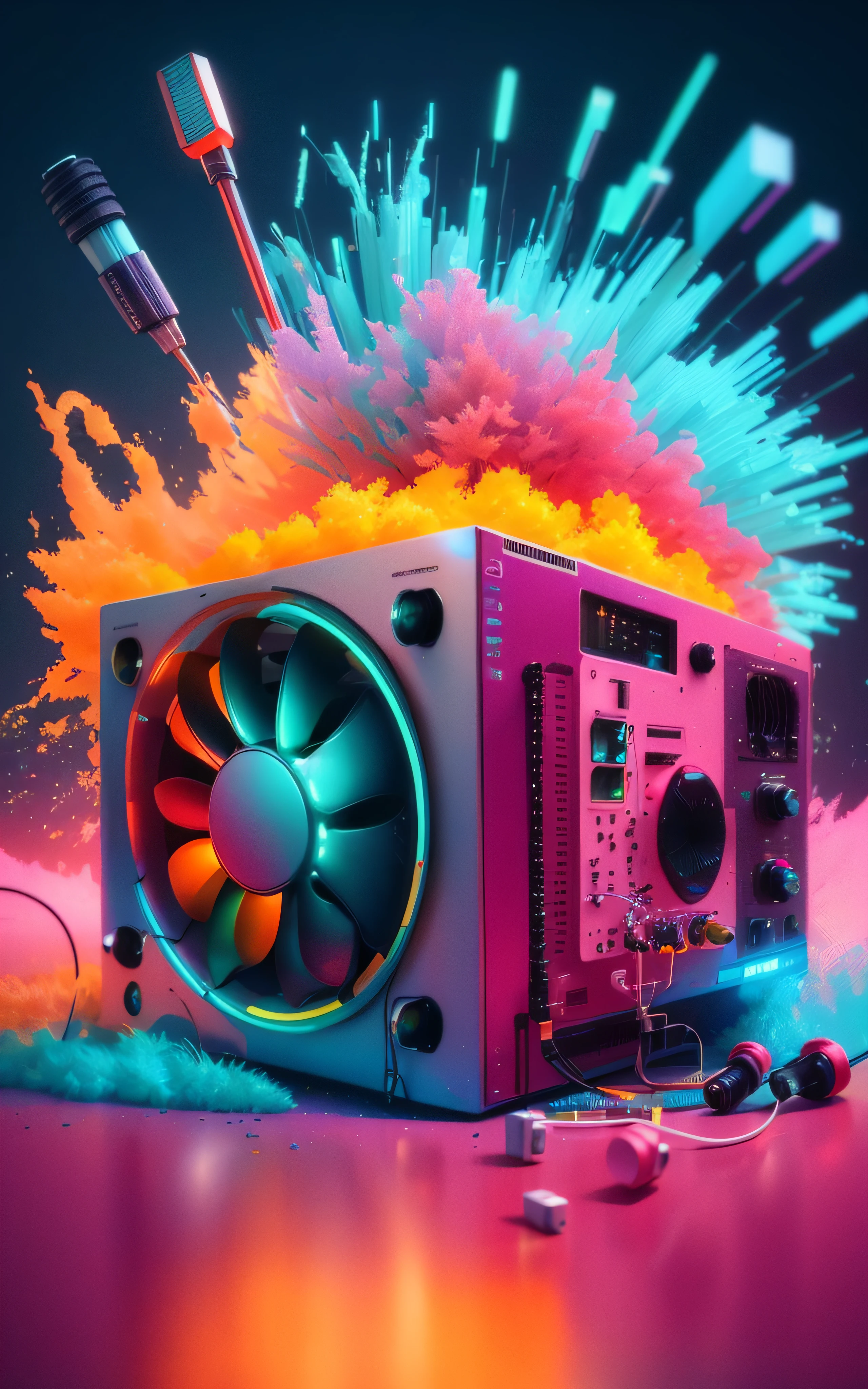 um close up de um computador com um ventilador e um pincel, cores do bipe, bipe. hiper-realismo, Beeple e Mike Winkelmann, em estilo de bipe, Estilo Beeple, cinema 4d render colorido, beeple daily art, Hybrid style beep blend, colorful octane render, Obra-prima Beeple
