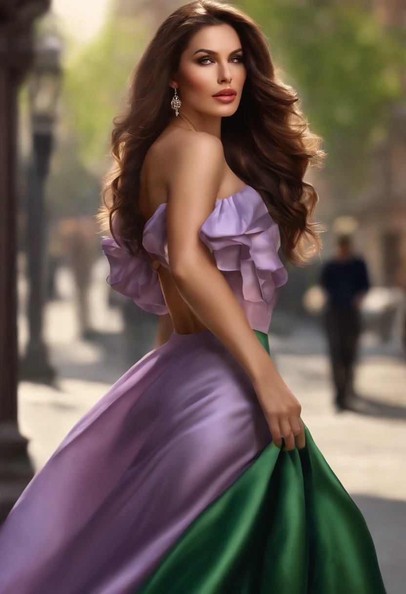 Most beautiful attractive woman walking on the street in spring, lilac navy green , healthy glow, hazel eyes, glossy plump lips, shimmering makeup, long shiny hair, patterned unbuttoned pinup , sexy open skirt, high quality cleavage, emotional realism, magic realism, conceptual art, figurative painting, hyperrealism, detailed, intricate motifs, organic tracery, elaborate,, bright vivid gradient colors