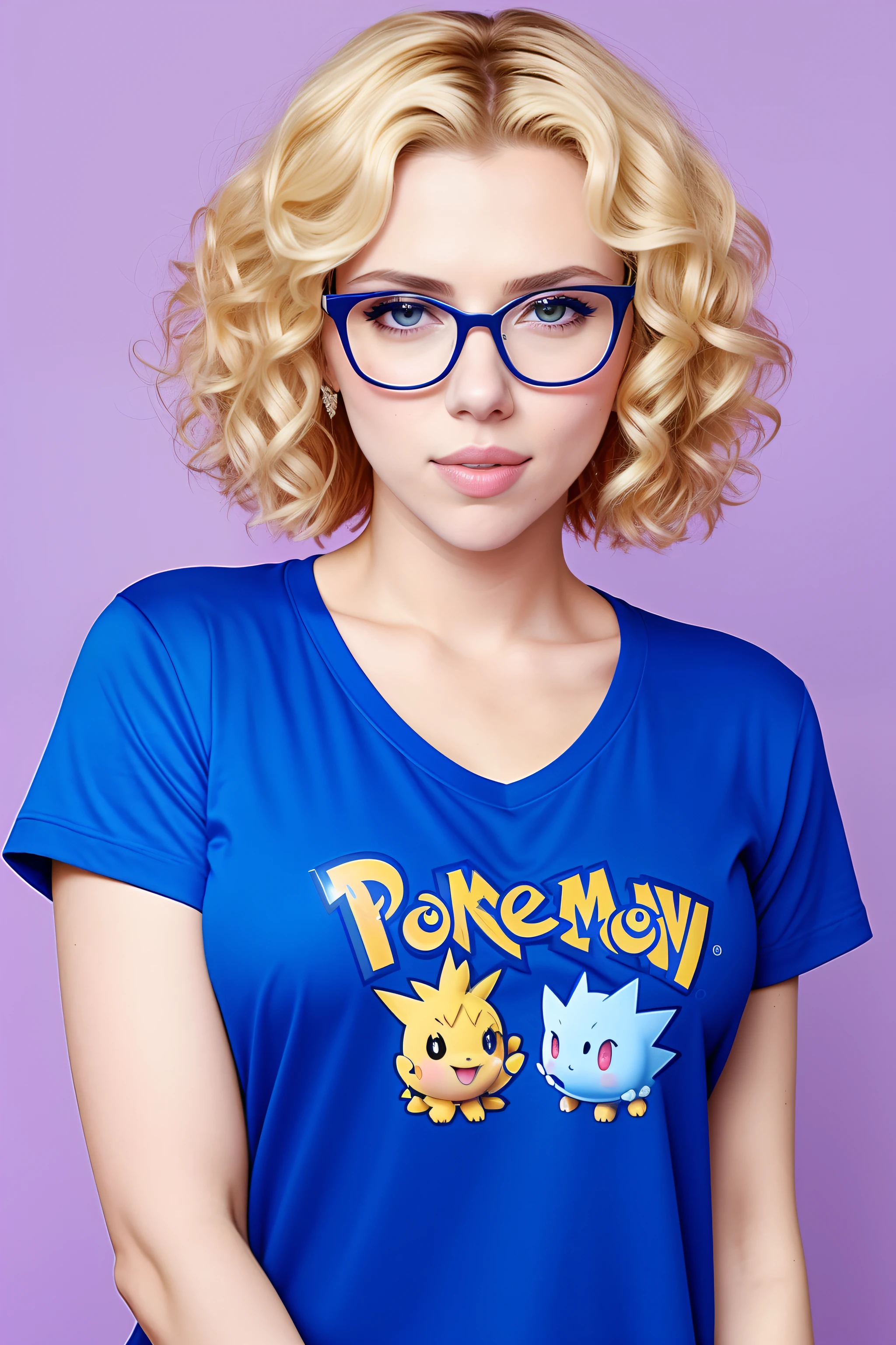 Scarlett Johansson with blonde curly hair, wearing glasses, wearing a royal blue pokemon t-shirt with a low neckline showing her breasts, white background