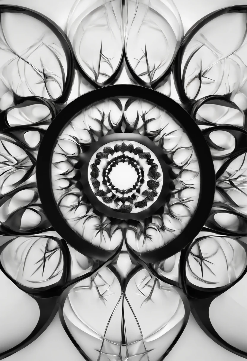 black warped 3d circle, gloss texture, symmetrical design, spikes, thin lines surrounding it, white background, smooth edges