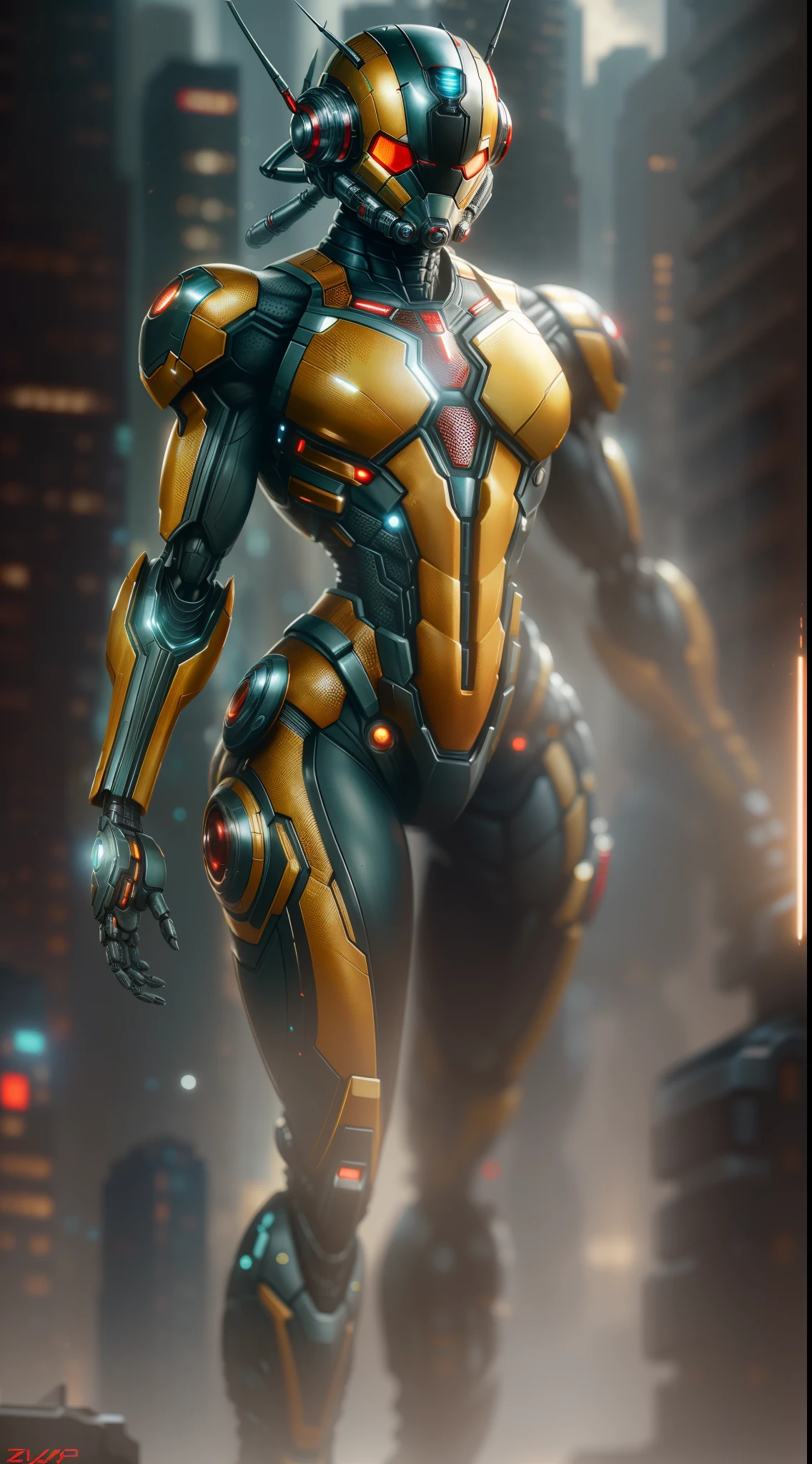 Ant-Man from Marvel photography, biomechanical, complex robot, full growth, hyper-realistic, insane small details, extremely clean lines, cyberpunk aesthetic, a masterpiece presented at Zbrush Central