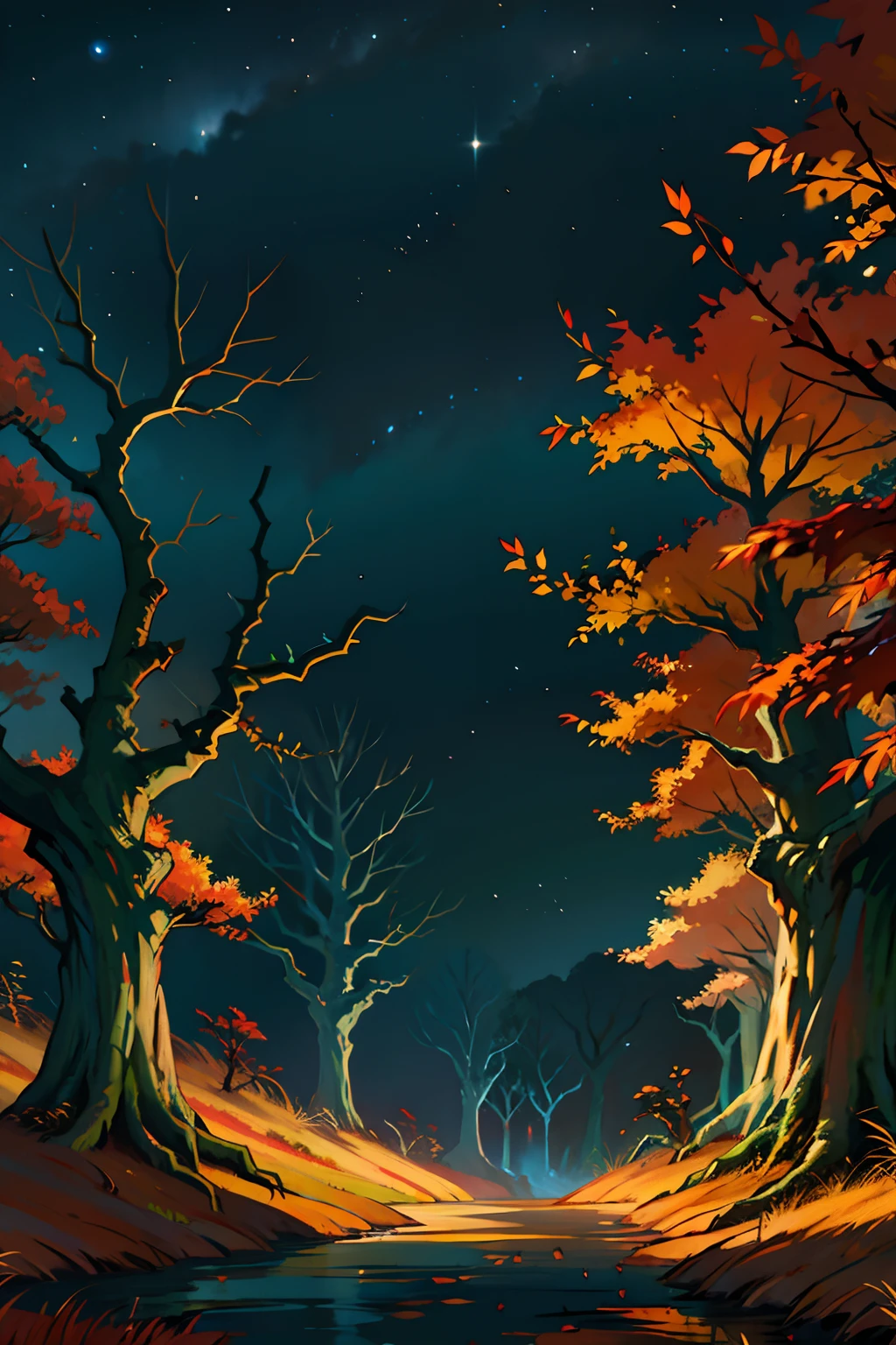 A painting of thorny vines wrapping around dead trees, autumn, dark evening light, dark sky.