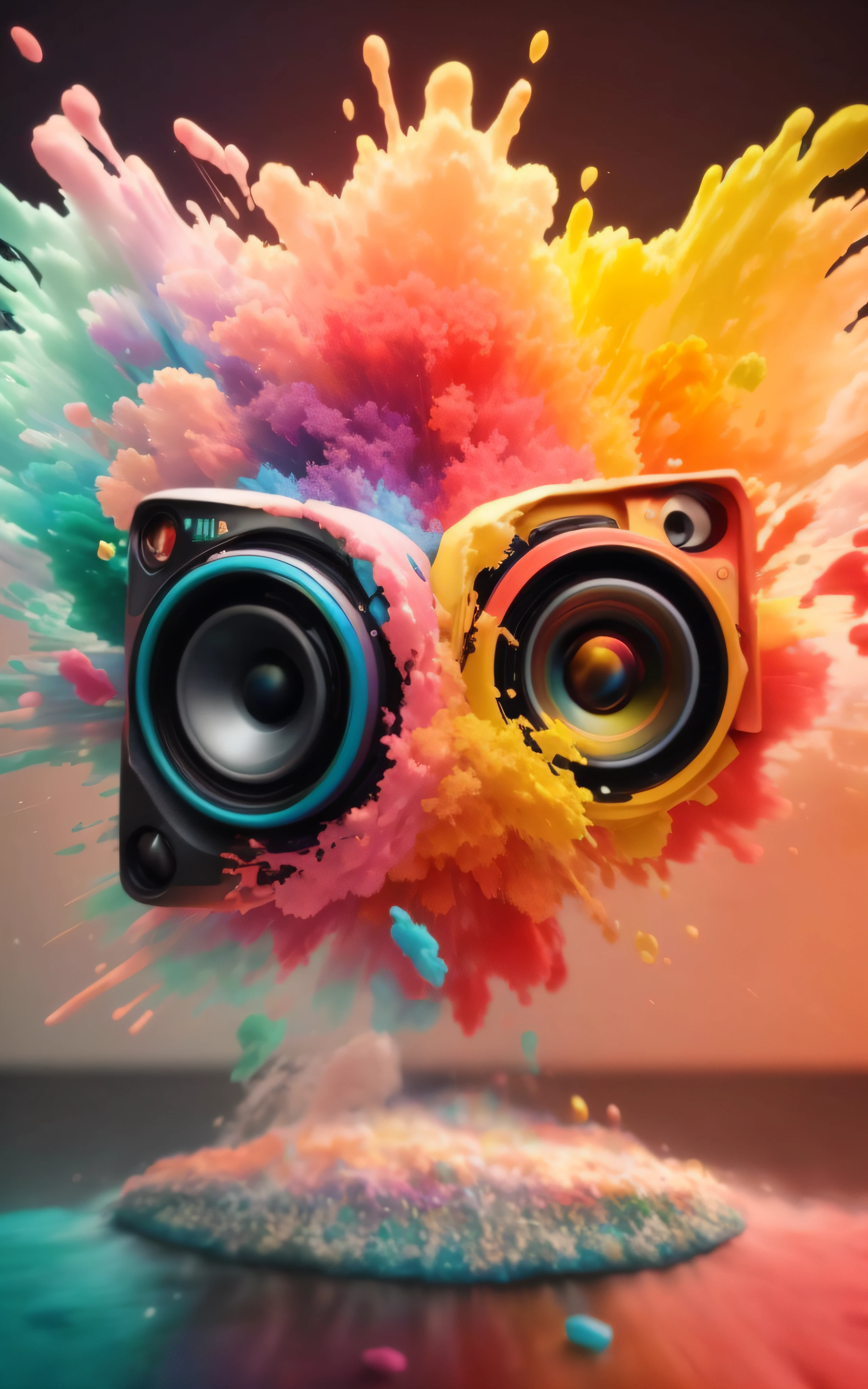 um close up de um alto-falante com tinta colorida, colorful explosion, Color Explosion, colorful explosion, cores altas, cores do bipe, cinema 4d render colorido, psychedelic effects, explosion of colors, colorful vivid octane render, colorido 4k, colorful octane render, humor colorido, pintura digital colorida, colorido 4K HD, Imagem colorida, arte digital colorida