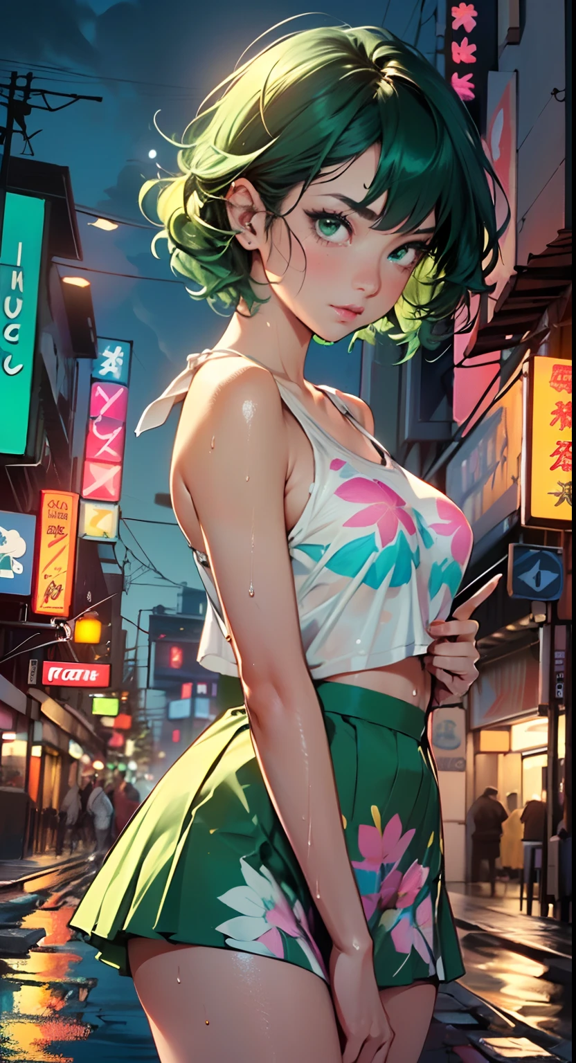 girl youtuber,(((1girl))),((extremely cute and beautiful green curly-haired girl)),

(short breasts:1.4),(((green curly hair:1.35,very curly hair,colored inner hair,ear breathing,short hair))),(((green eyes:1.3))),intricate eyes,beautiful detailed eyes,symmetrical eyes,big eyes:1.3((fat)),(((lustrous skin:1.5,bright skin: 1.5,skin tanned,shiny skin,very shiny skin,shiny body,plastic glitter skin,exaggerated shiny skin,illuminated skin,wet legs))),delicate detailed fingers,detailed body,human hands,(detailed face),

cute,slutty,seductive,erotic,(((nsfw))),

zettai ryouiki,revealing clothing,show skin,((rave mini-skirt,visible thong straps,white loose tank top with an pop art print)),((wet clothes,intricate outfit,intricate clothes)),

(dynamic pose:1.0),embarrassed,(centered,scale to fit dimensions,Rule of thirds),

cyberpunk city by the ocean at night, with bright neon signs and dark stormy clouds and puddles, scenery:1.25,

highres, sharp focus, (ultra detailed, extremely detailed), (photorealistic artwork:1.37),(extremely detailed CG unity 8k wallpaper),((synthwave background theme)),(((vibrant colors))),(intricate background),(masterpiece),(best quality),