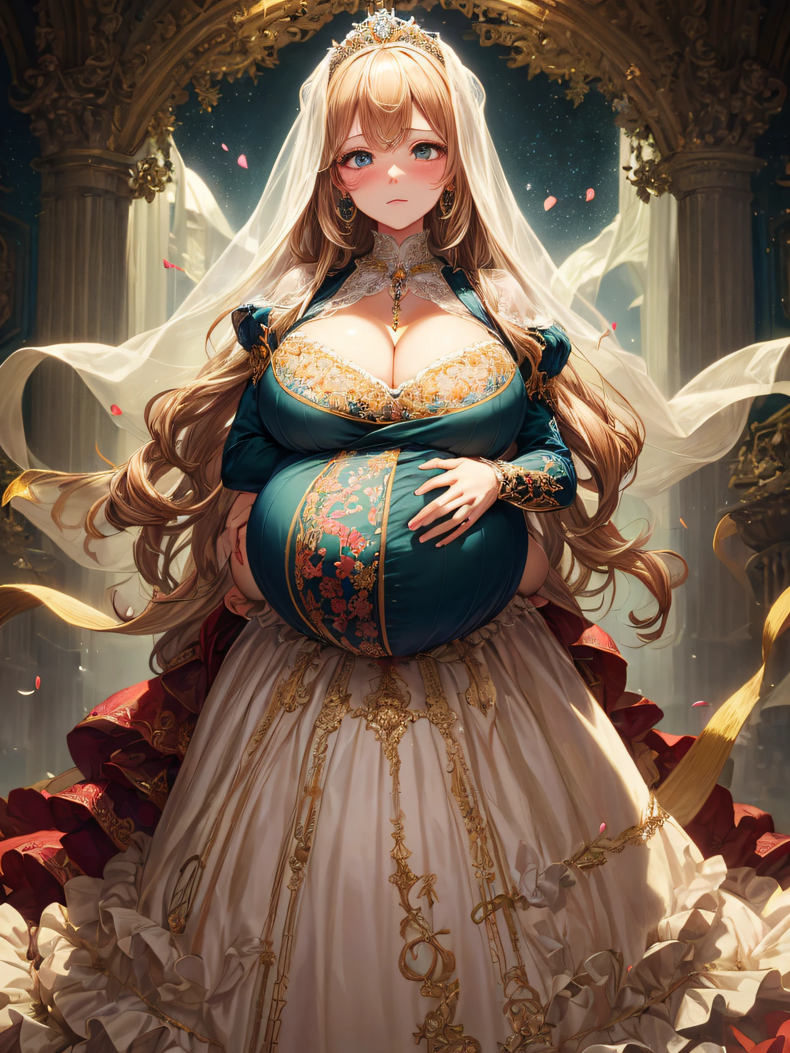 (masterpiece, best quality,extremely detailed:1.1),(moe anime art style:1.2),1girl,((full body,focus face)),((solo)), cute, kawaii,digital art,((1 bling-bling pregnant princess wearing beautiful embroidery and jeweled gorgeous rococo ballgown with jeweled voluminous full length hoop skirt)),(((heavily pregnant))),very big pregnant belly,((crinoline)),long train,voluminous frills,See-through,(gorgeous embroidery and beautiful lace),((very gigantic boobs,skindentation)),cleavage,shiny hair,(((very long straight hair,large amount of straight hair))),((embarrassed)),anguish,((finely detailed face and eyes)),clear pupil,extremely gorgeousfull hair ornament,(bling-bling jeweled extremely gorgeousfull tiara),(bling-bling gorgeous gemstone jewelry),long veil,beautiful background,fantasy background,flowers,flower petals flowing,full body,((beautiful embroidery and jeweled ruffled gorgeous rococo ballgown with voluminous full length hoop skirt))