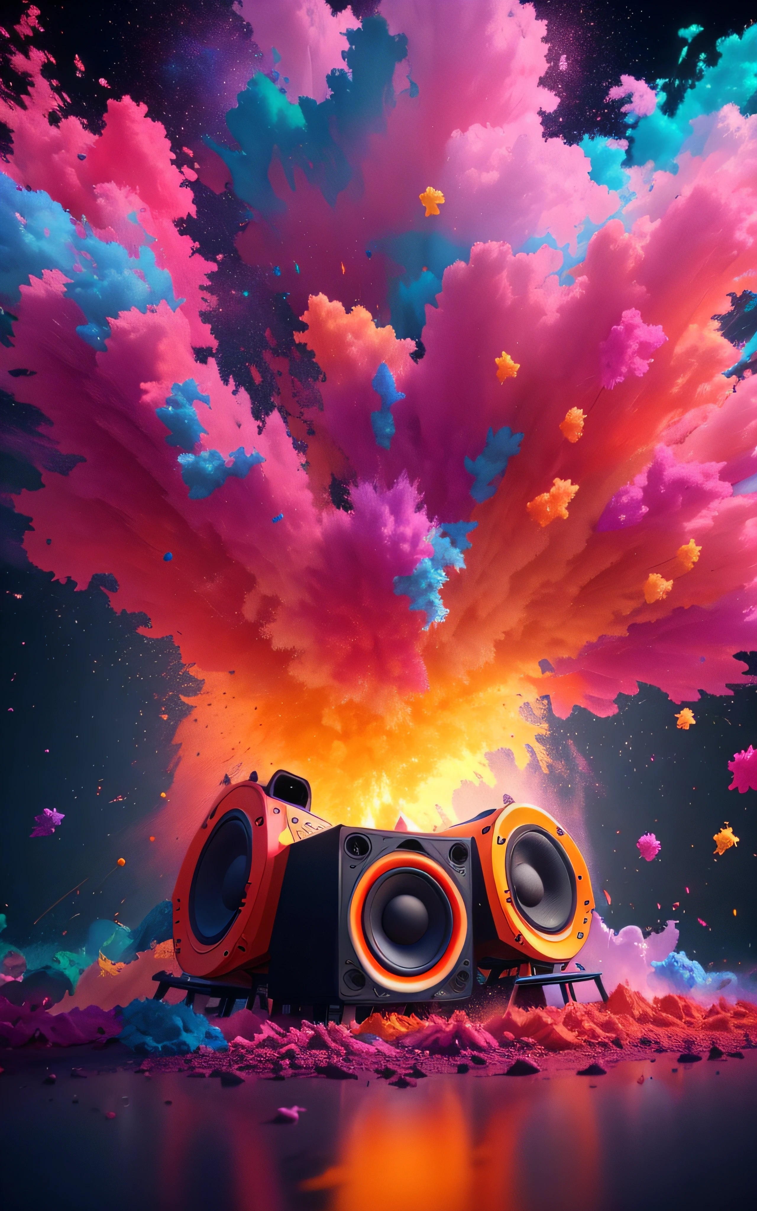 a colorful explosion of dust and colorful speakers on a black background, colorful explosion, colorful explosion, explosion of colors, Color Explosion, colorful vivid octane render, cores explosivas, cinema 4d render colorido, colorful octane render, cores do bipe, an explosion of colors, burst of colour, colorful magical effects, explosion of color paint, cores altas, cores pirotecnianas profundas
