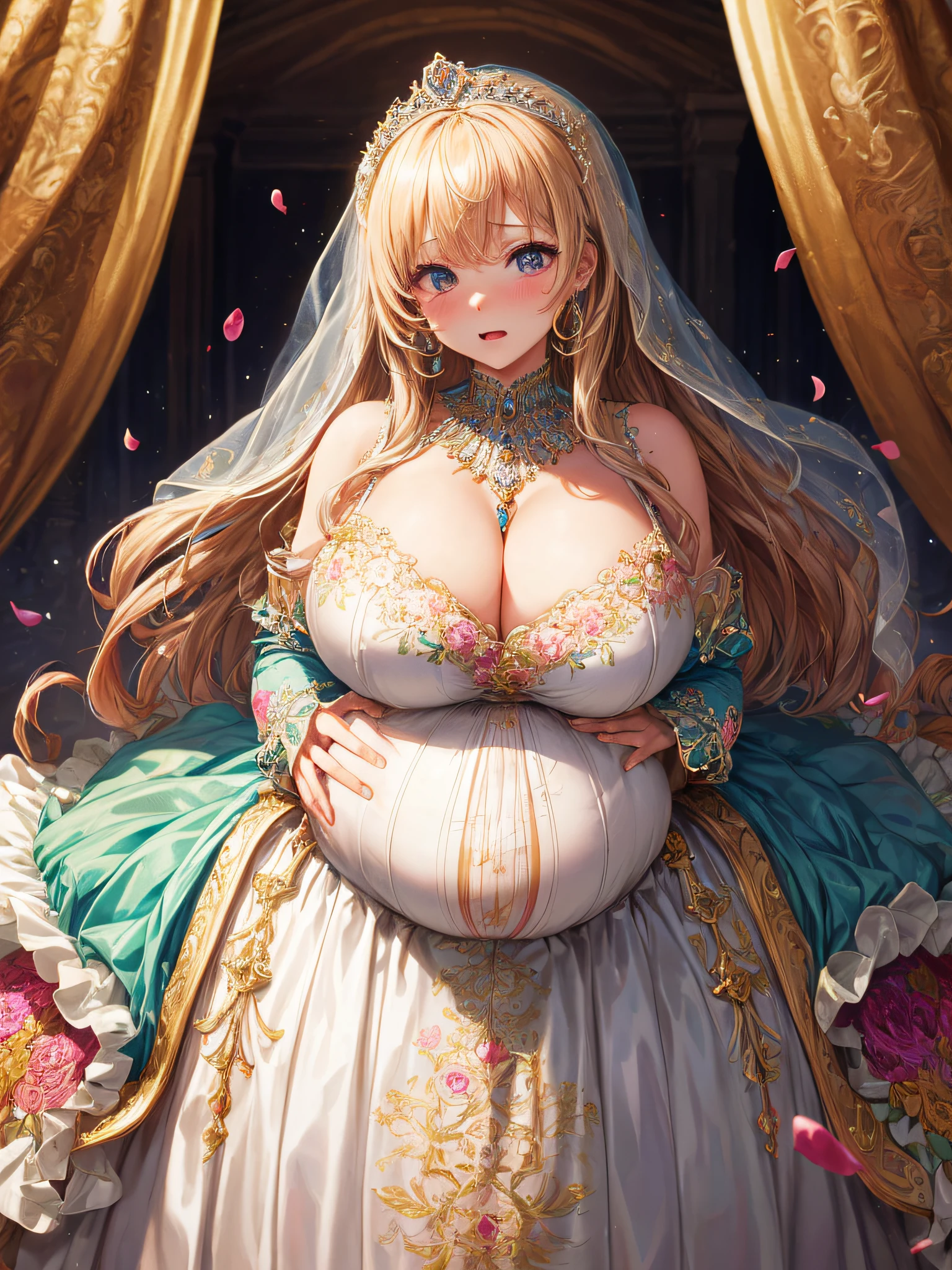 (masterpiece, best quality,extremely detailed:1.1),(moe anime art style:1.2),1girl,((full body,focus face)),((solo)), cute, kawaii,digital art,((1 bling-bling pregnant princess wearing beautiful embroidery and jeweled gorgeous rococo ballgown with jeweled voluminous full length hoop skirt)),(((heavily pregnant))),very big pregnant belly,((crinoline)),long train,voluminous frills,See-through,(gorgeous embroidery and beautiful lace),((very gigantic boobs,skindentation)),cleavage,shiny hair,(((very long straight hair,large amount of straight hair))),((embarrassed)),anguish,((finely detailed face and eyes)),clear pupil,extremely gorgeousfull hair ornament,(bling-bling jeweled extremely gorgeousfull tiara),(bling-bling gorgeous gemstone jewelry),long veil,beautiful background,fantasy background,flowers,flower petals flowing,full body,((beautiful embroidery and jeweled ruffled gorgeous rococo ballgown with voluminous full length hoop skirt))