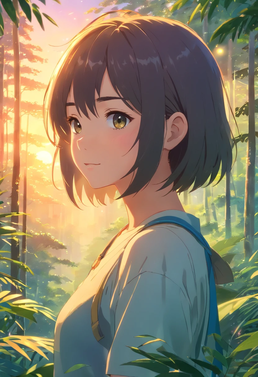 (best quality,highres,masterpiece:1.2),(movie still),(1girl),(an 18-year-old girl),(in the jungle),(close-up),(bright),(happy),(soft warm lighting),(sunset),(sparkles:0.7)