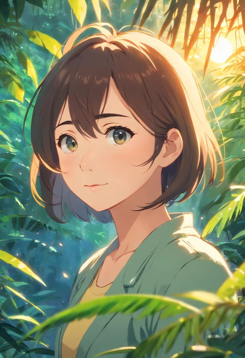 (best quality,highres,masterpiece:1.2),(movie still),(1girl),(an 18-year-old girl),(in the jungle),(close-up),(bright),(happy),(soft warm lighting),(sunset),(sparkles:0.7)