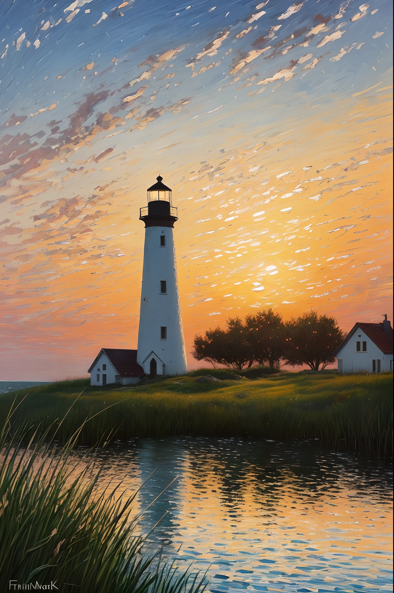 Beautiful lighthouse on the cape, light ripples on the sea surface, The Setting Sun, ((Стиль Ferdinand-Knab)), ((Hyper-realistic)), Gradient by style, Complicated details, Intricate, aesthetics. Palette knife-oil painting, Pink:0.2/blau:0.2, ((Best Quality, tmasterpiece)), (extreme hight detail), impressionism:0.2, Octane Render, 8K