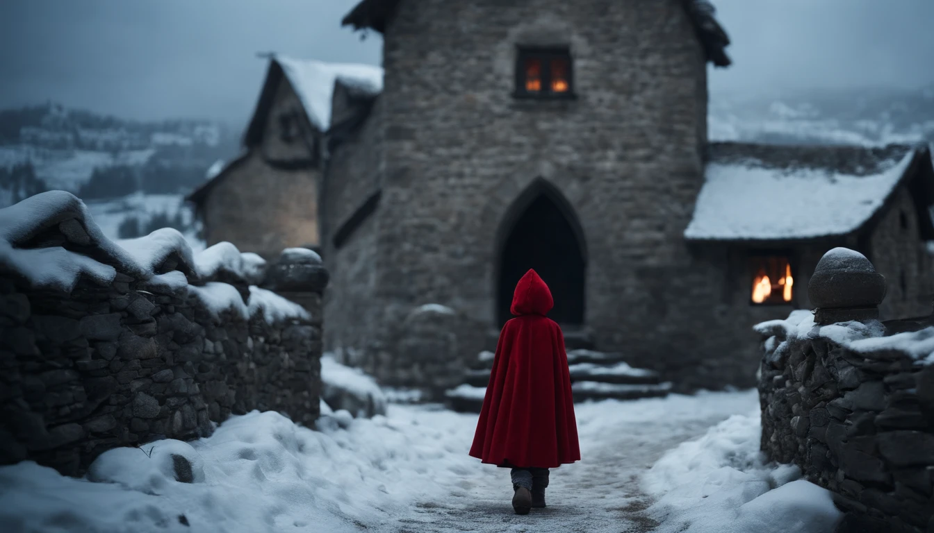 Europe,Medieval cityscape,Stone house,snowscape,Little Red Riding Hood Little Girl