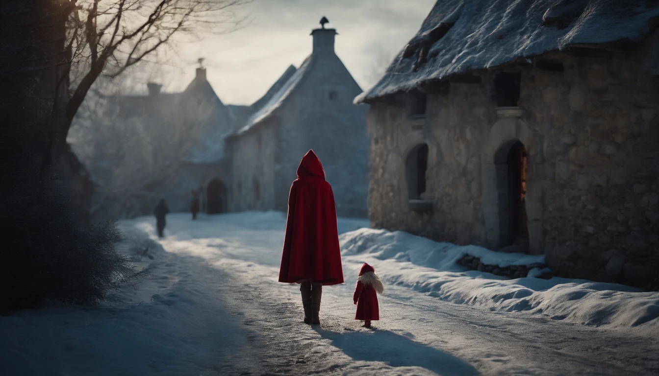 Europe,Medieval cityscape,Stone house,snowscape,Little Red Riding Hood  Girl