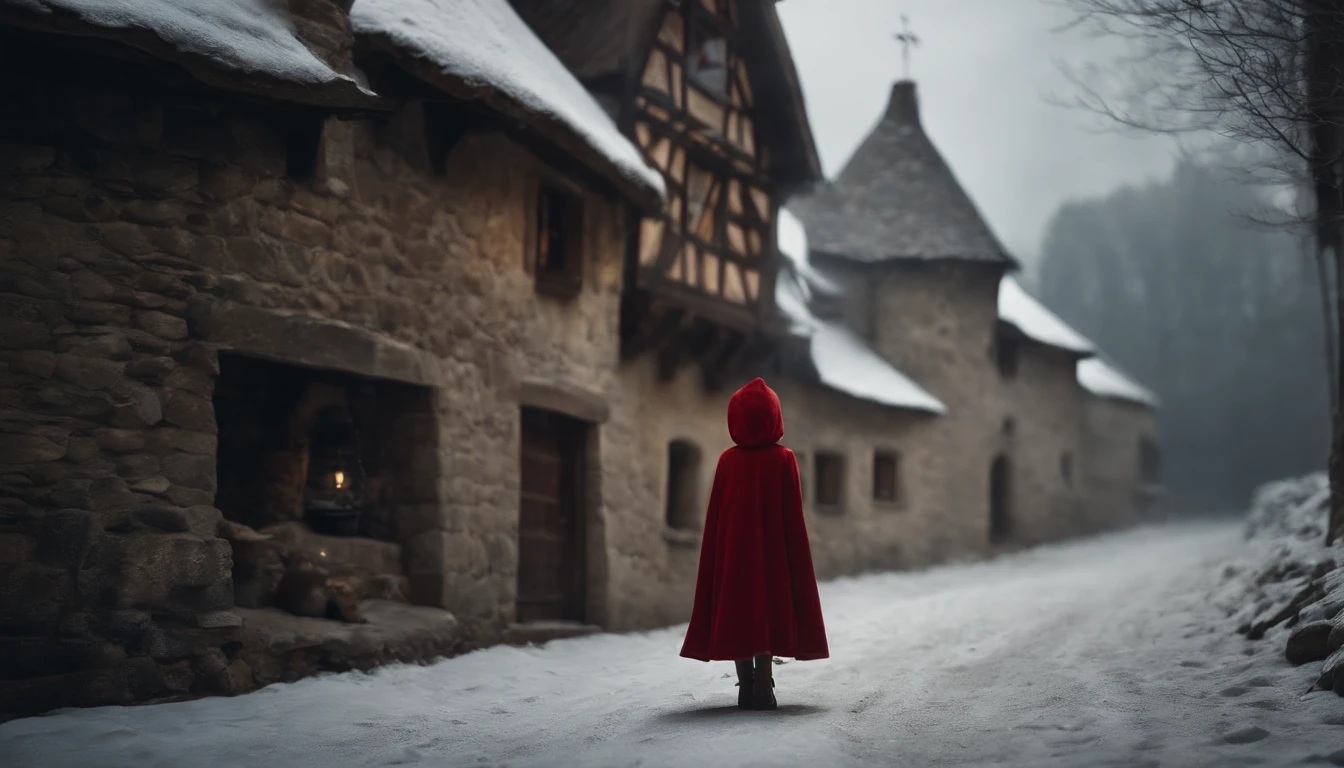 Europe,Medieval cityscape,Stone house,snowscape,Little Red Riding Hood  Girl