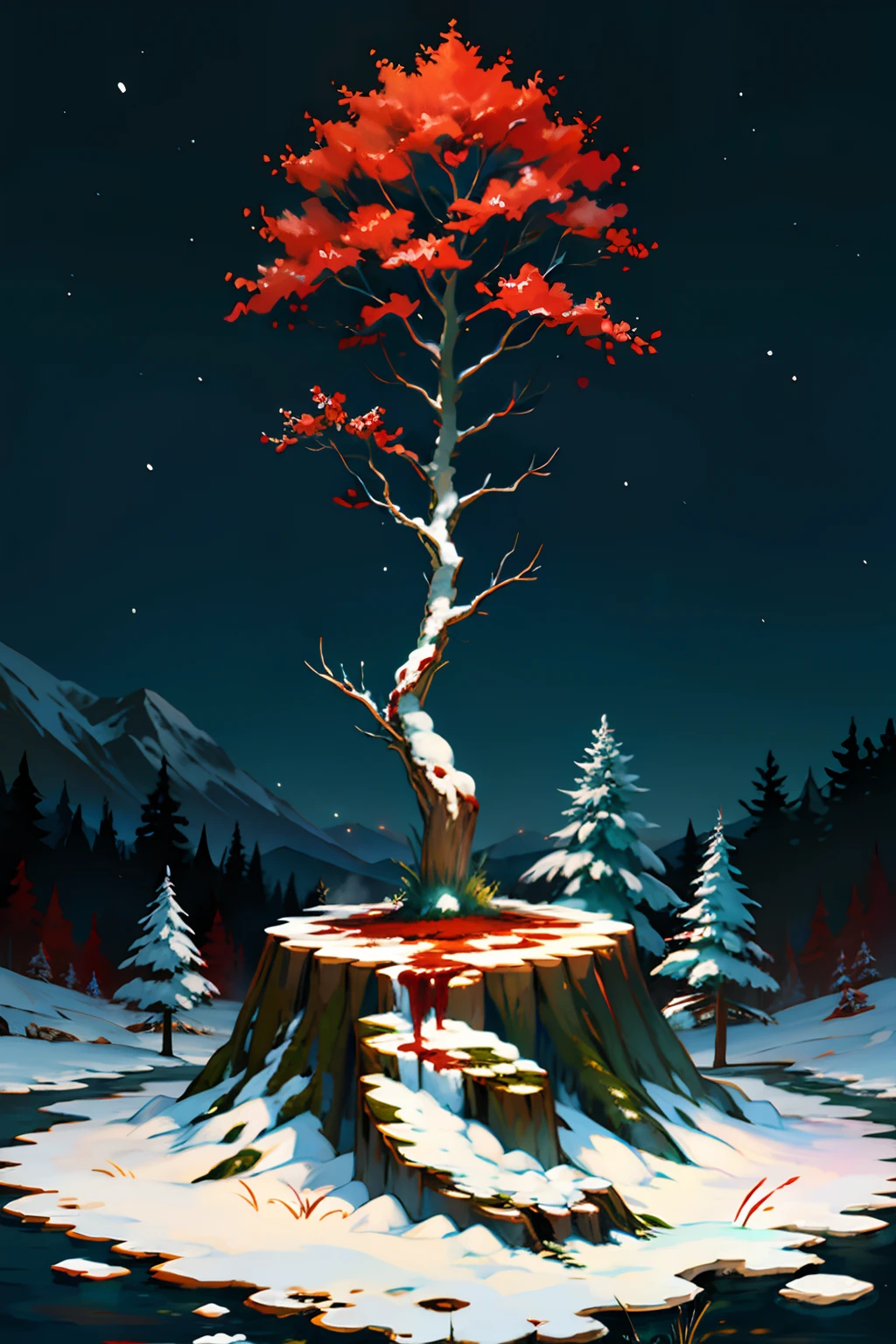 A painting of a tree stump with blood dripping off, snow on ground, winter, eerie night time light, dark sky.