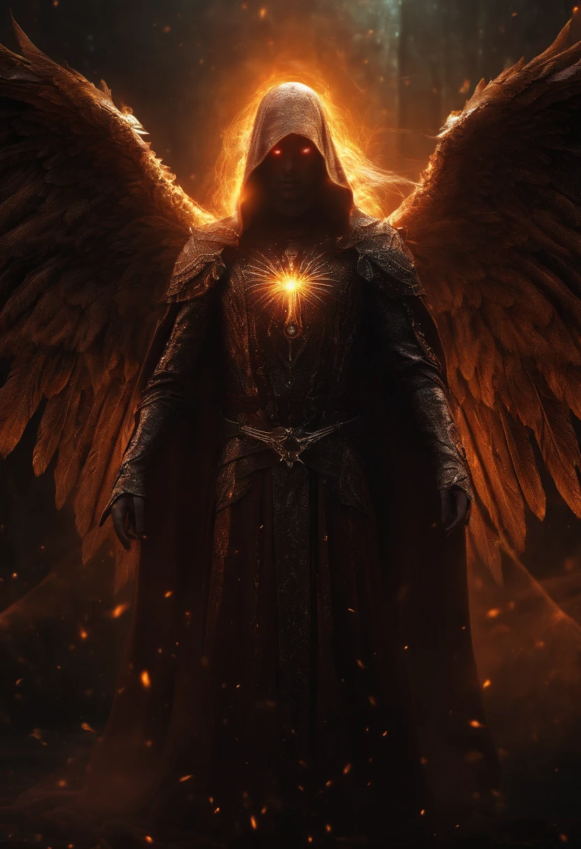 Cosmic Fallen Angel, glowing light eyes, Biomechanical, eerie, Creepy, nightmarish, Very bright colors, Light particles, with light glowing, Mshiff, wallpaper art, UHD wallpaper, anakil skywalker, years, medieval clothes