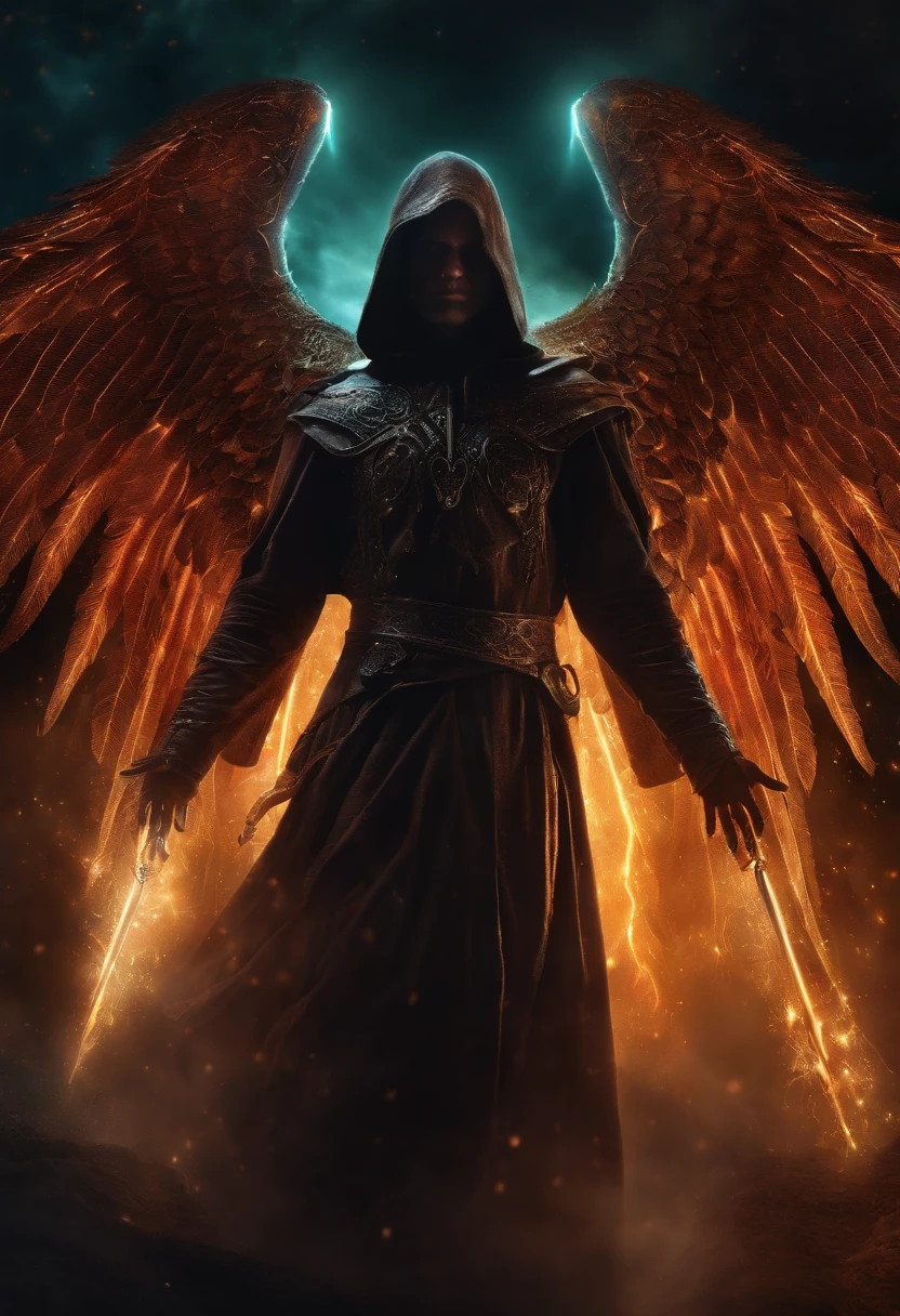 Cosmic Fallen Angel, glowing light eyes, Biomechanical, eerie, Creepy, nightmarish, Very bright colors, Light particles, with light glowing, Mshiff, wallpaper art, UHD wallpaper, anakil skywalker, 15 years, medieval clothes