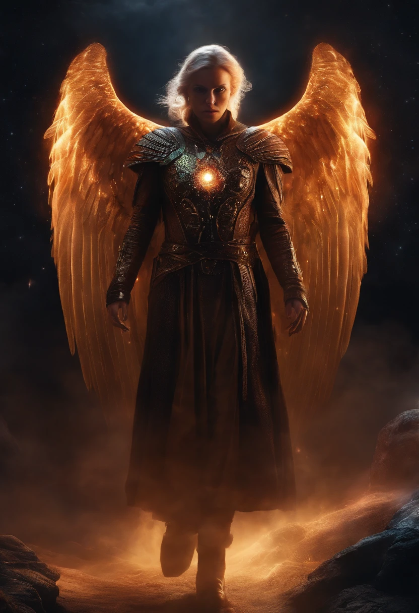 Cosmic Fallen Angel, glowing light eyes, Biomechanical, eerie, Creepy, nightmarish, Very bright colors, Light particles, with light glowing, Mshiff, wallpaper art, UHD wallpaper, anakil skywalker, 15 years, medieval clothes