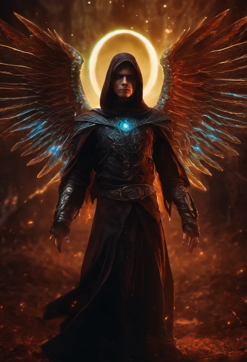 Cosmic Fallen Angel, glowing light eyes, Biomechanical, eerie, Creepy, nightmarish, Very bright colors, Light particles, with light glowing, Mshiff, wallpaper art, UHD wallpaper, anakil skywalker, 15 years, medieval clothes
