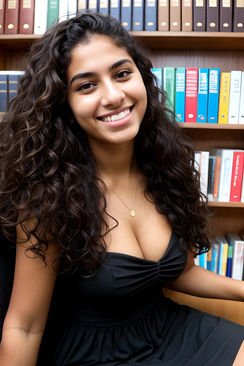 palestinian college student, dark brown skin, black sundress, petite , perfect smile, raw image. perfect face, sitting in a chair at college library, voluminous hair layered